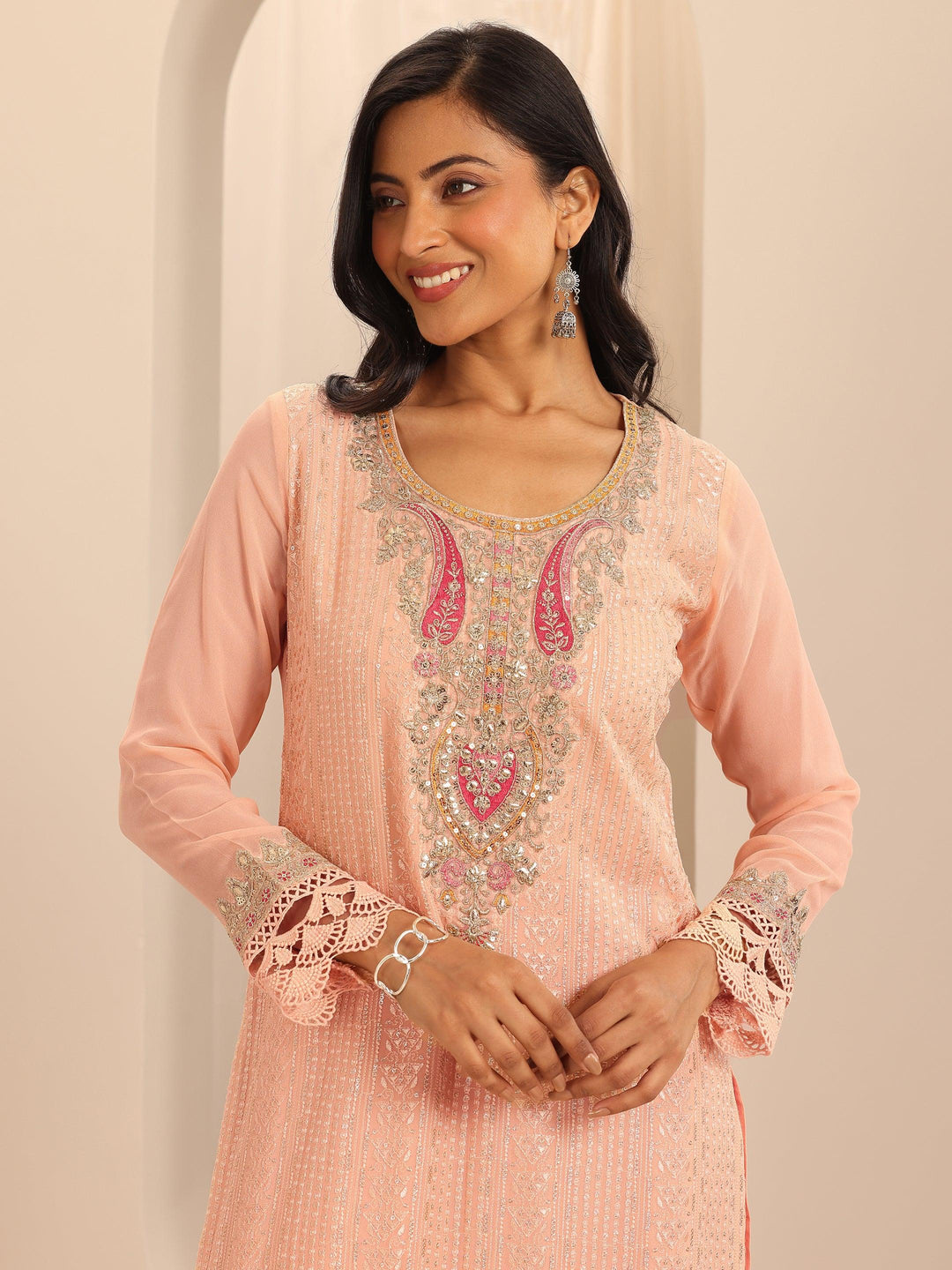  Libas Art Peach Embroidered Georgette Straight Sharara Suit Set With Dupatta 