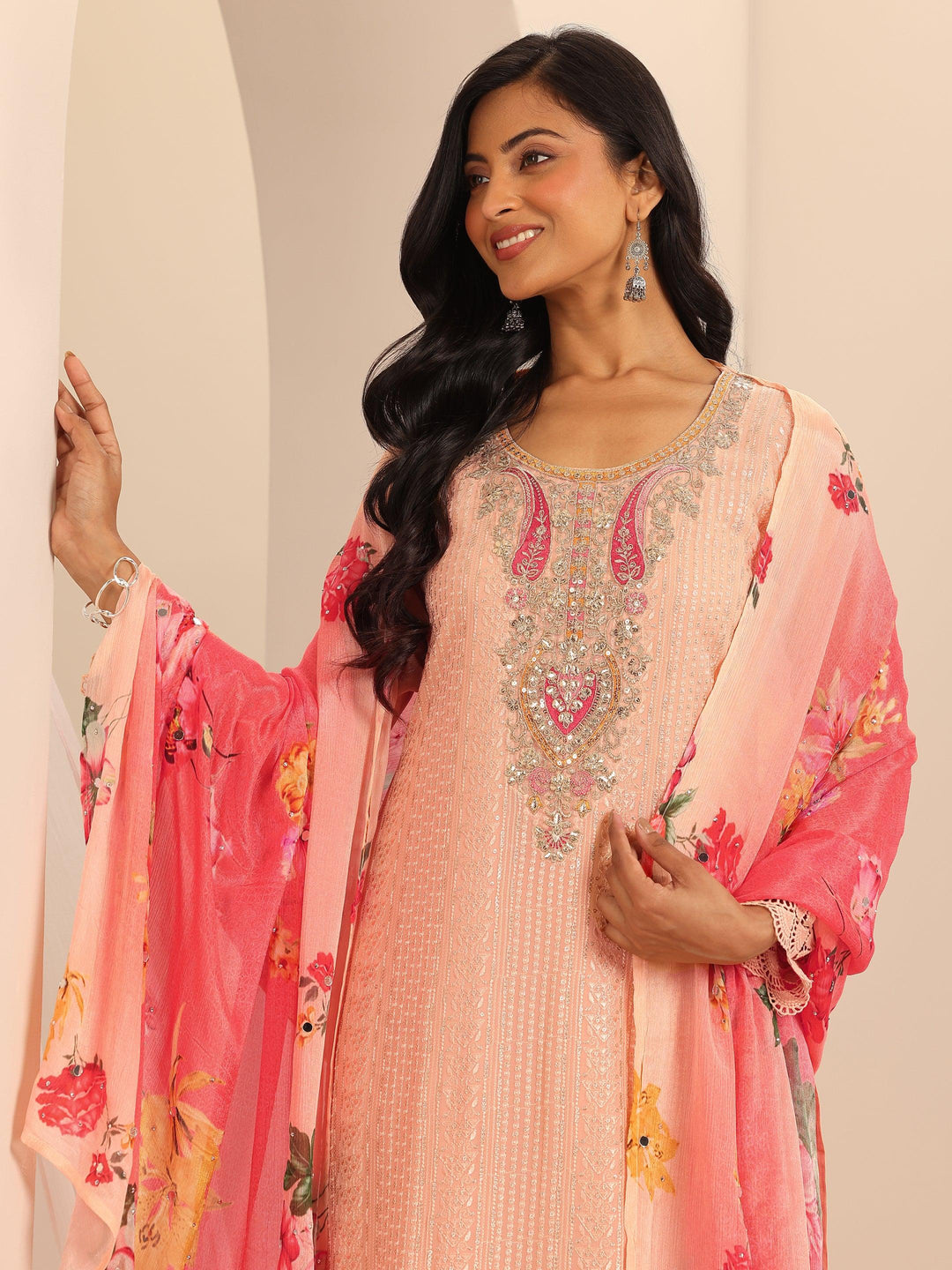  Libas Art Peach Embroidered Georgette Straight Sharara Suit Set With Dupatta 