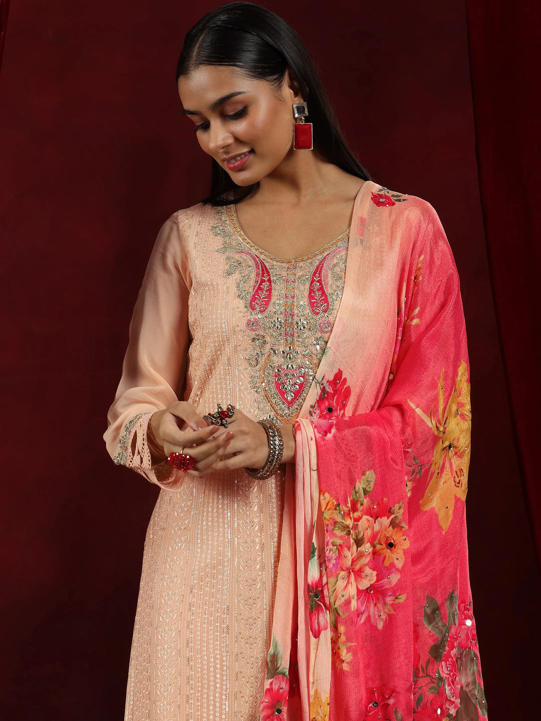 Libas Art Mauve Embroidered Georgette Straight Suit Set With Dupatta