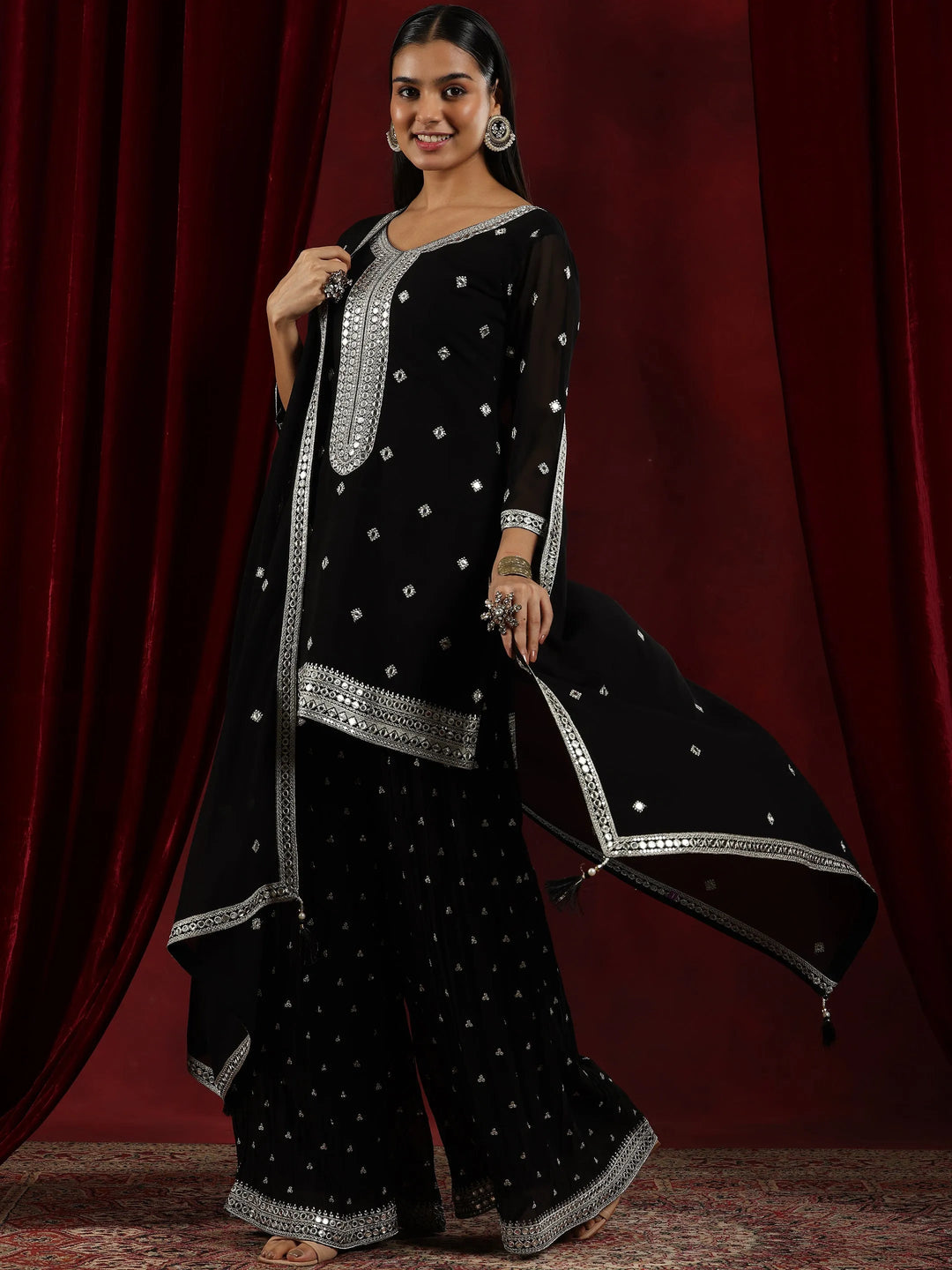  Libas Art Black Embroidered Georgette Straight Suit With Dupatta 