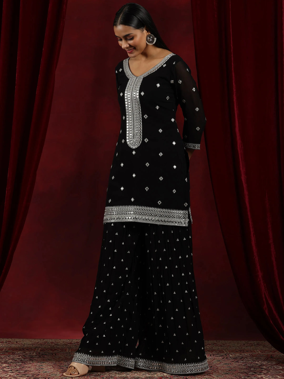  Libas Art Black Embroidered Georgette Straight Suit With Dupatta 