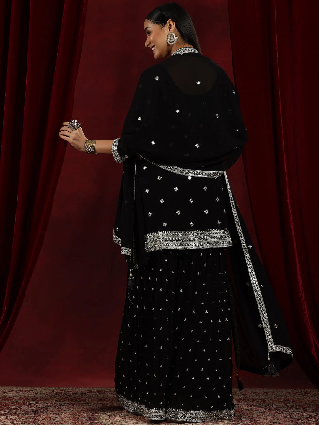  Libas Art Black Embroidered Georgette Straight Suit With Dupatta 