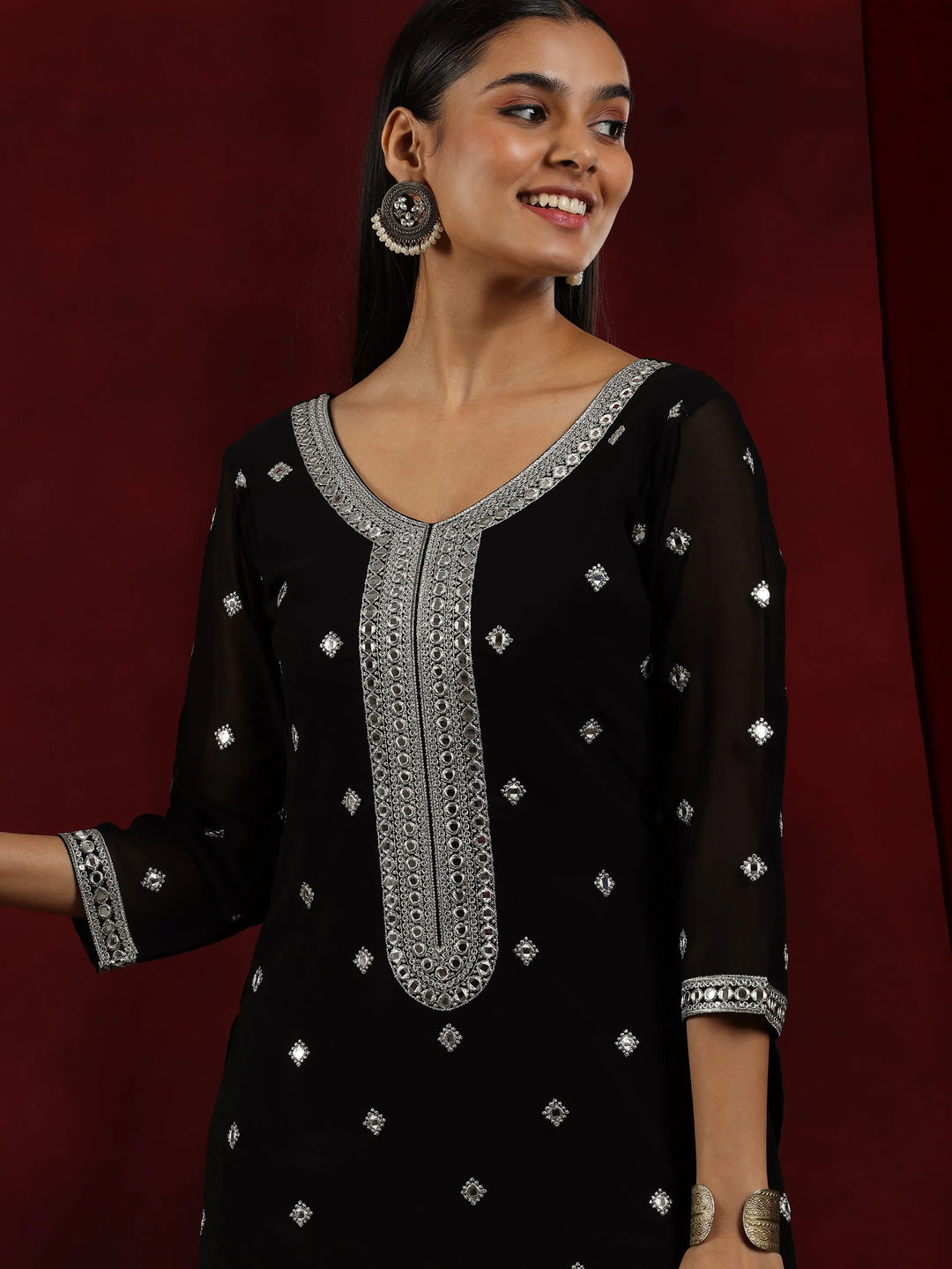  Libas Art Black Embroidered Georgette Straight Suit With Dupatta 