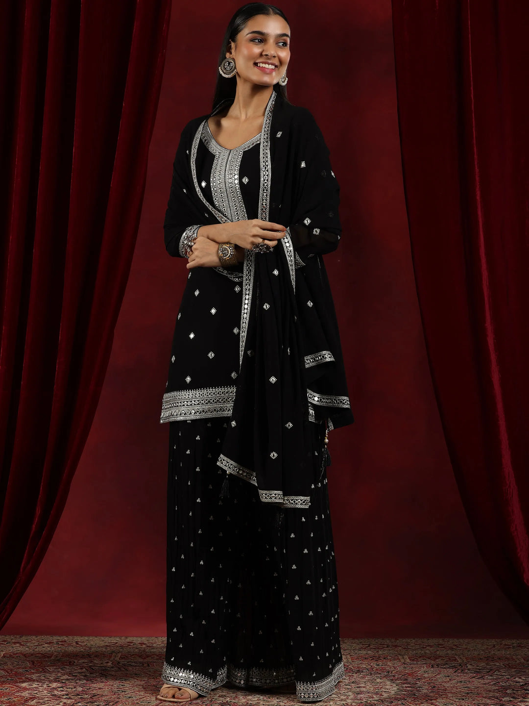  Libas Art Black Embroidered Georgette Straight Suit With Dupatta 