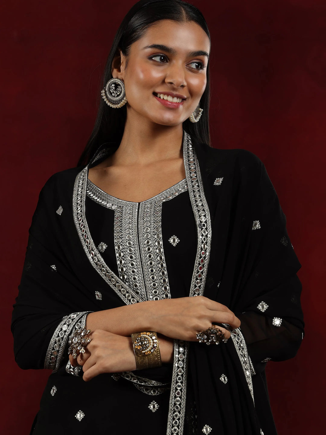  Libas Art Black Embroidered Georgette Straight Suit With Dupatta 