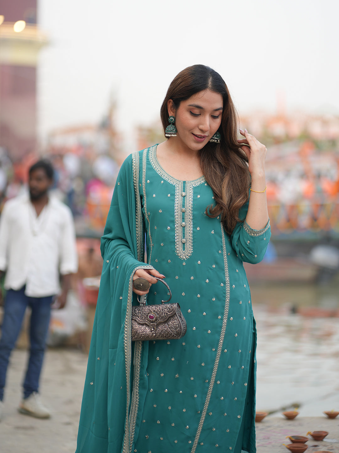  Rama Embroidered Georgette Straight Suit With Dupatta 