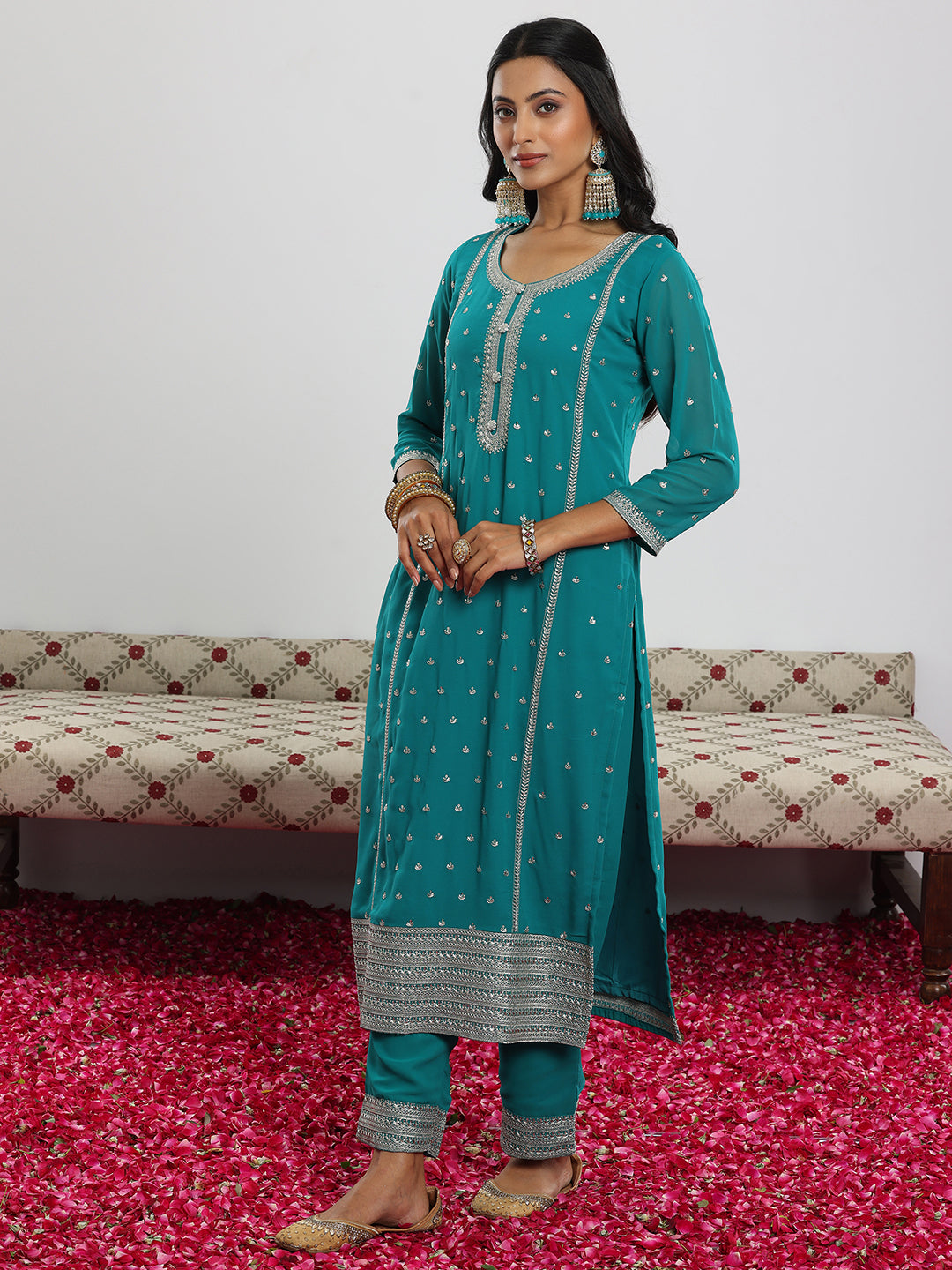  Rama Embroidered Georgette Straight Suit With Dupatta 