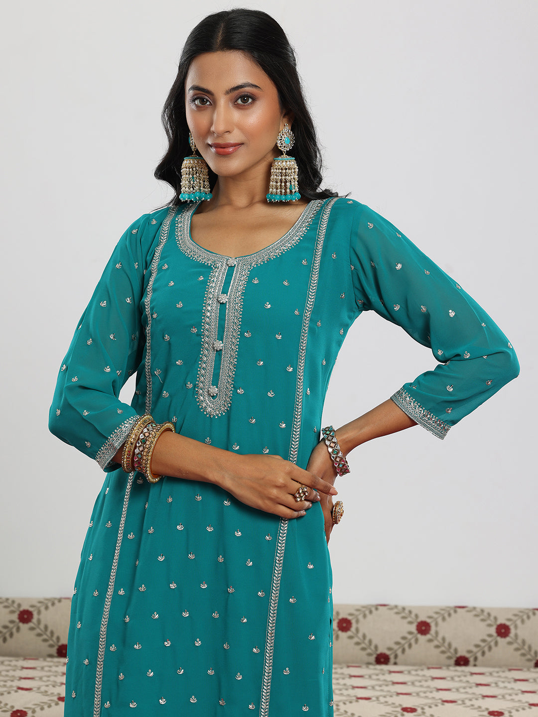  Rama Embroidered Georgette Straight Suit With Dupatta 