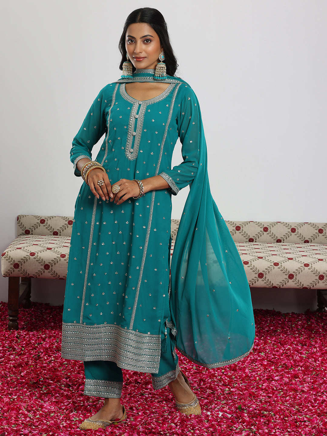  Rama Embroidered Georgette Straight Suit With Dupatta 