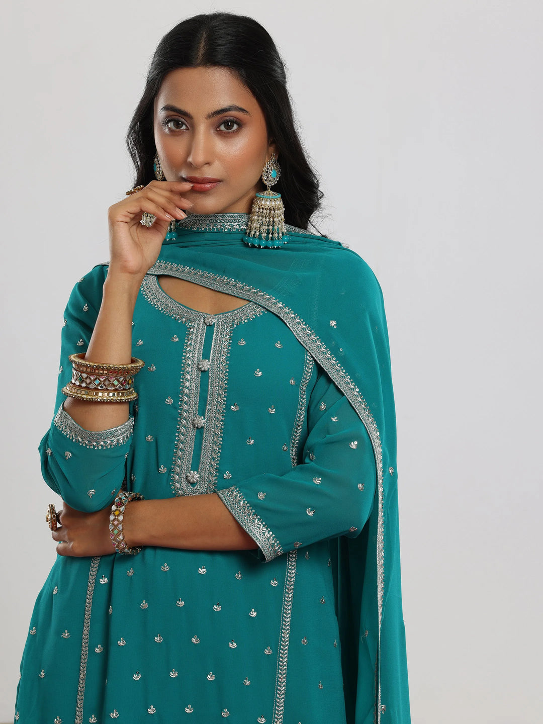  Rama Embroidered Georgette Straight Suit With Dupatta 
