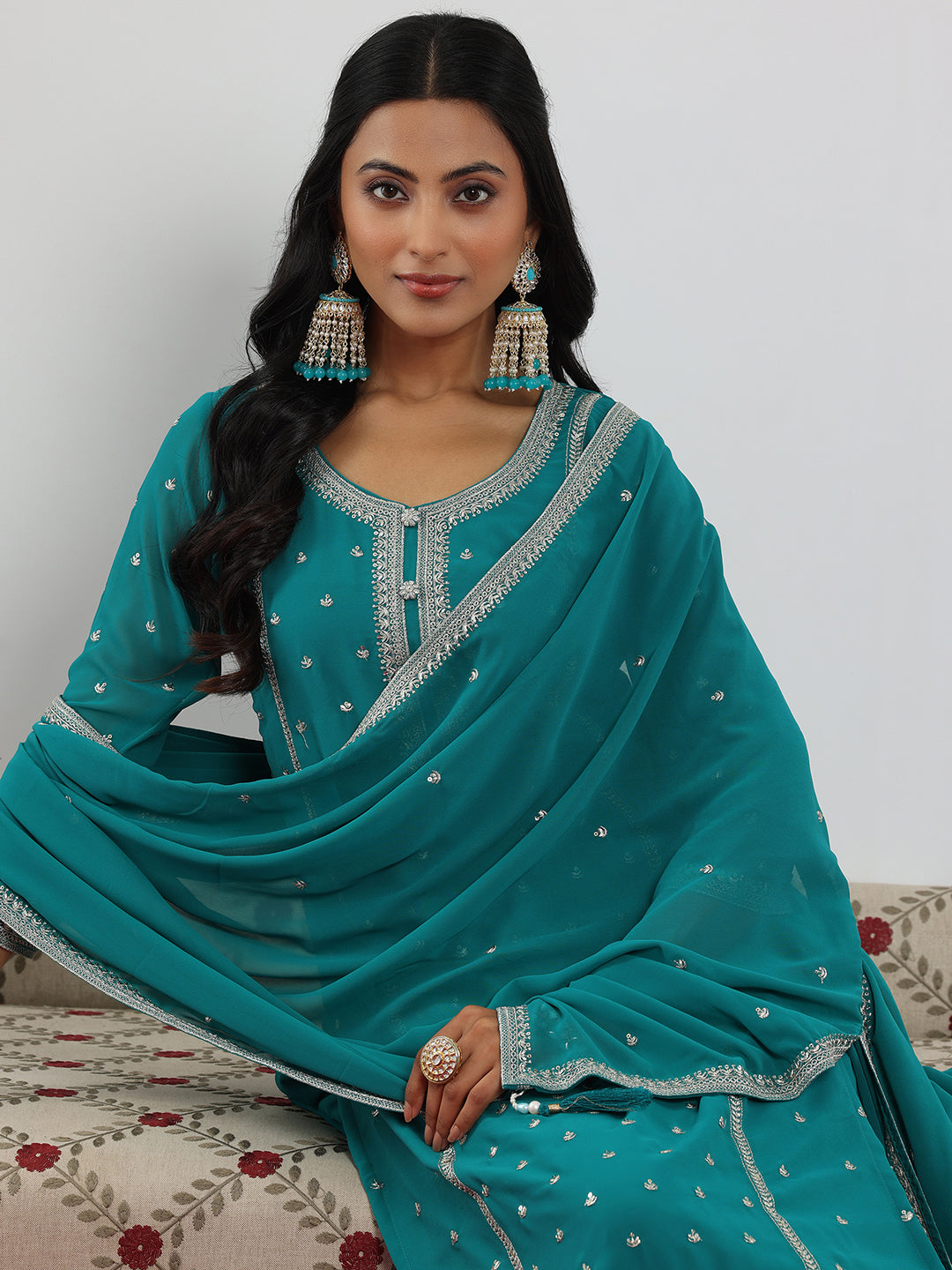 Rama Embroidered Georgette Straight Suit With Dupatta 