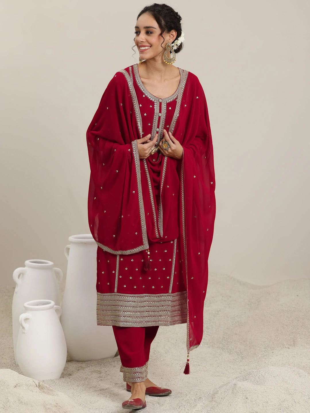  Red Embroidered Georgette Straight Suit With Dupatta 