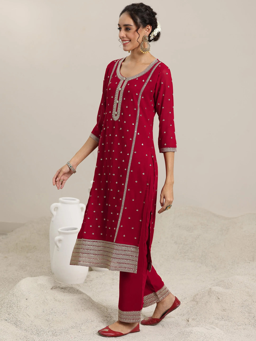  Red Embroidered Georgette Straight Suit With Dupatta 