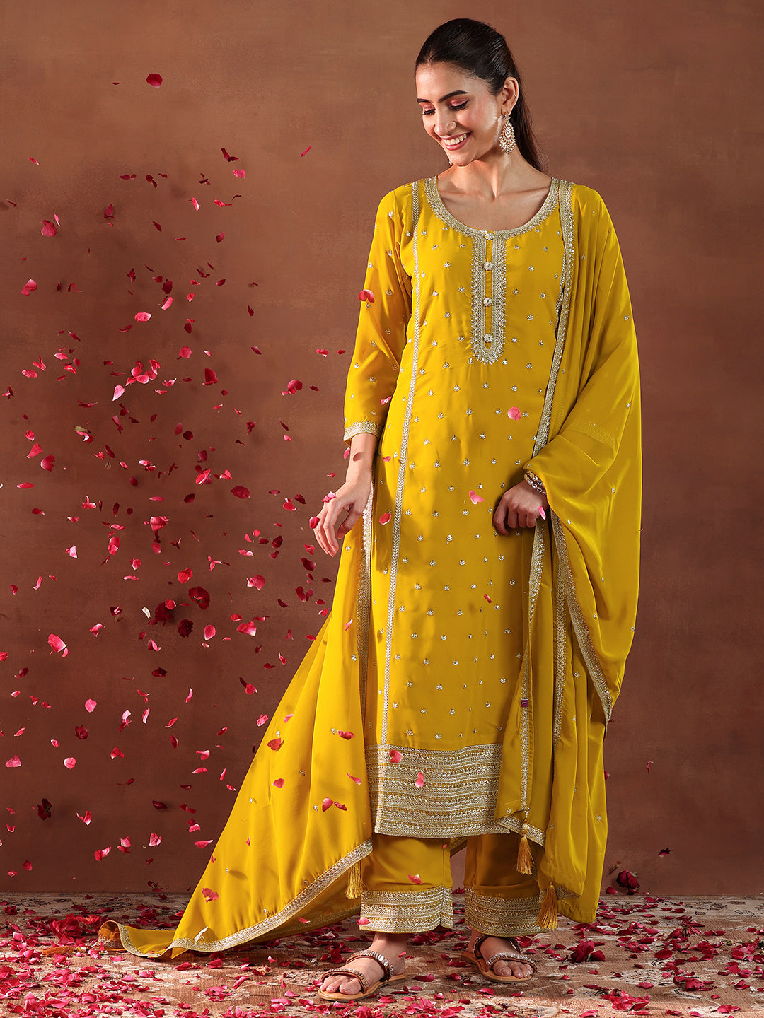 libas Mustard Embroidered Georgette Straight Suit With Dupatta-picture-31
