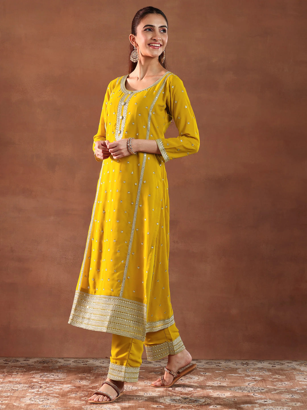  Mustard Embroidered Georgette Straight Suit With Dupatta 