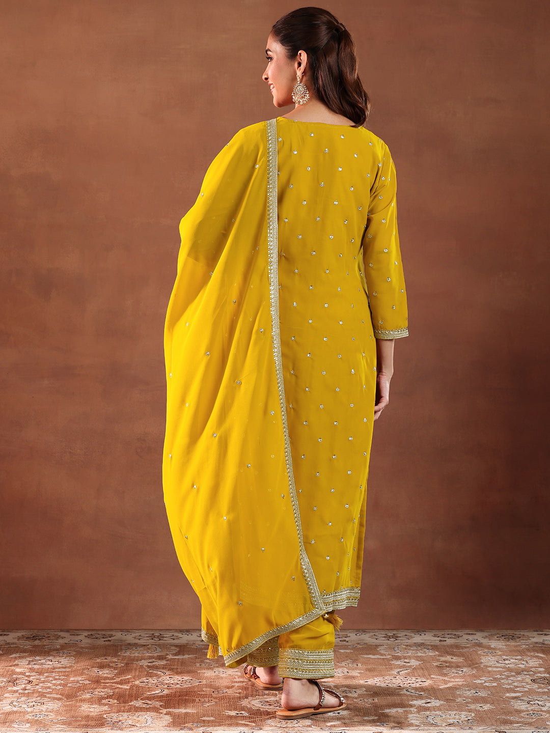  Mustard Embroidered Georgette Straight Suit With Dupatta 