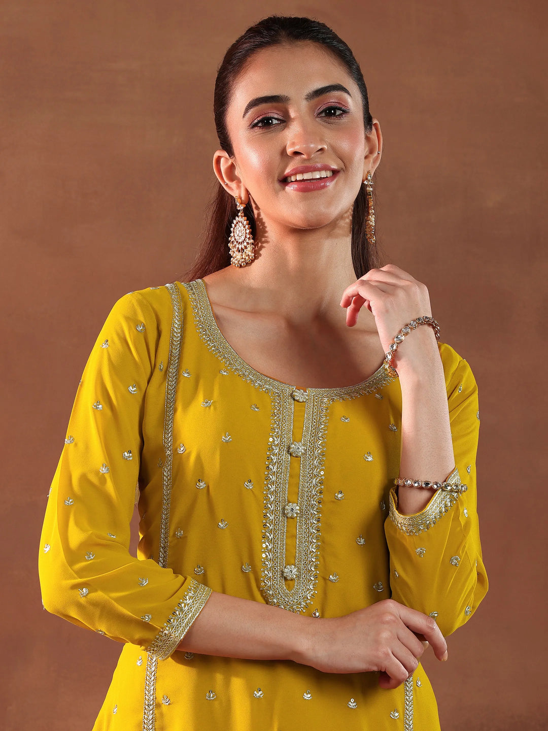  Mustard Embroidered Georgette Straight Suit With Dupatta 
