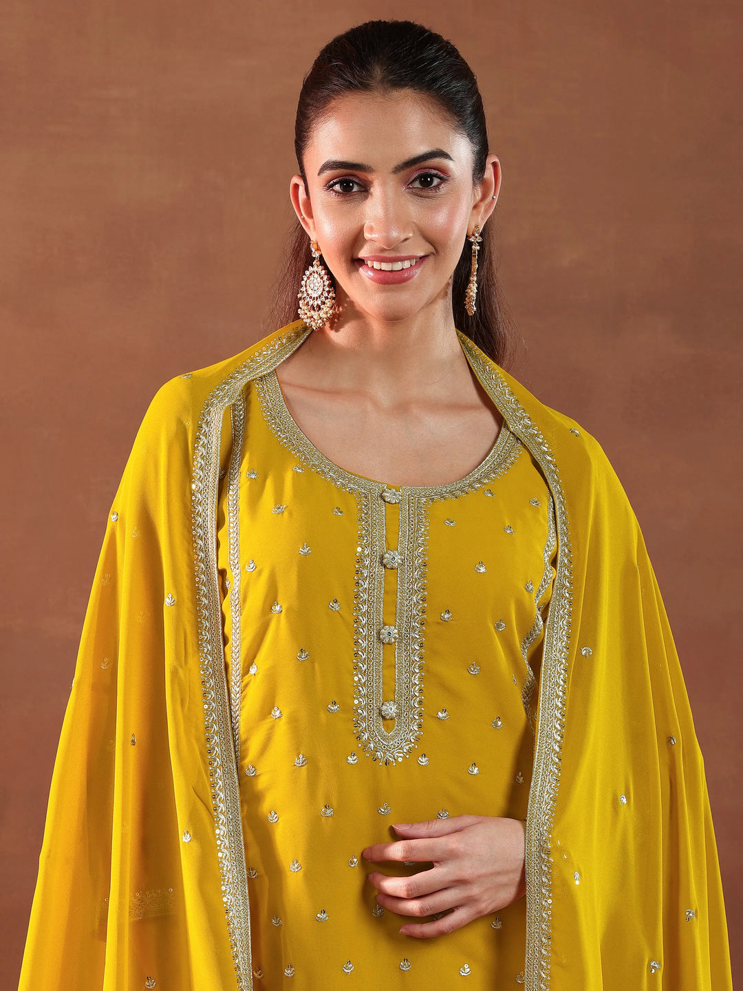  Mustard Embroidered Georgette Straight Suit With Dupatta 