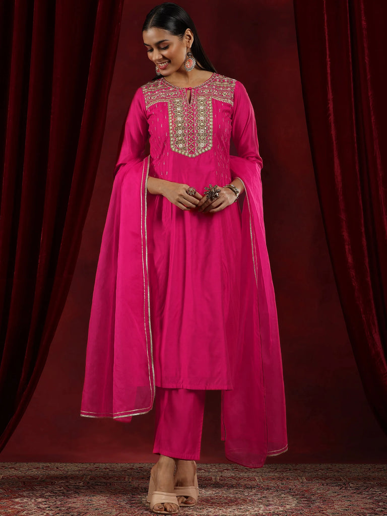 Libas Pink Yoke Design Chanderi Silk Straight Suit With Dupatta