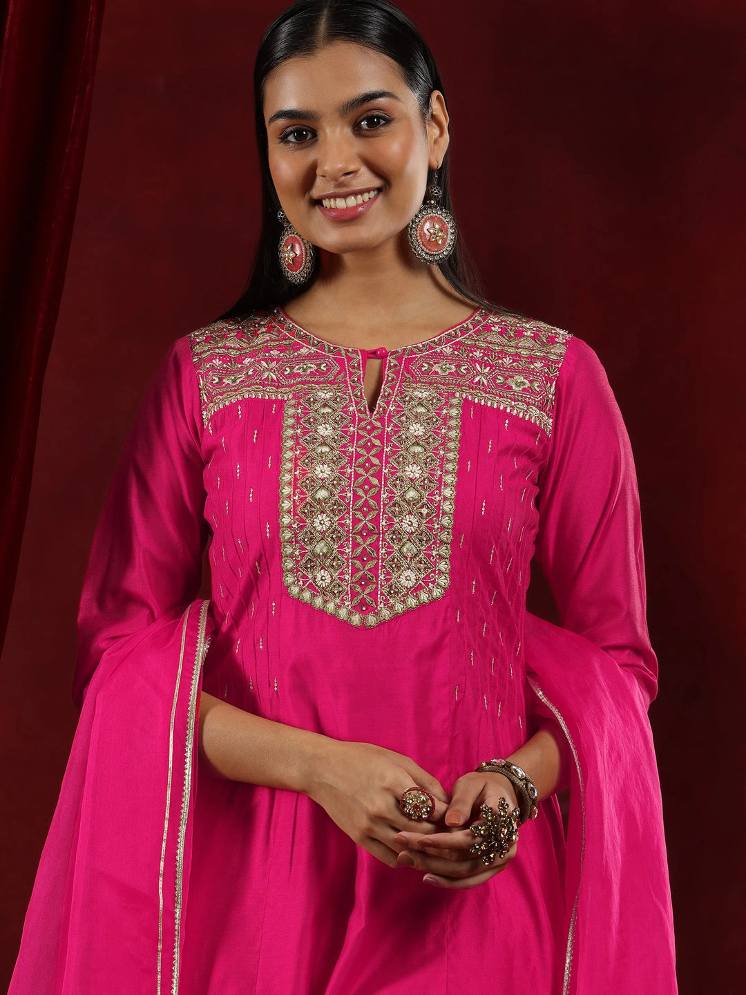  Libas Art Pink Yoke Design Chanderi Silk Straight Suit With Dupatta 