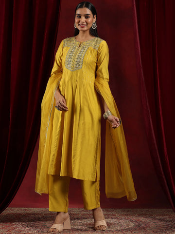 Mustard Yoke Design Chanderi Silk Straight Suit With Dupatta