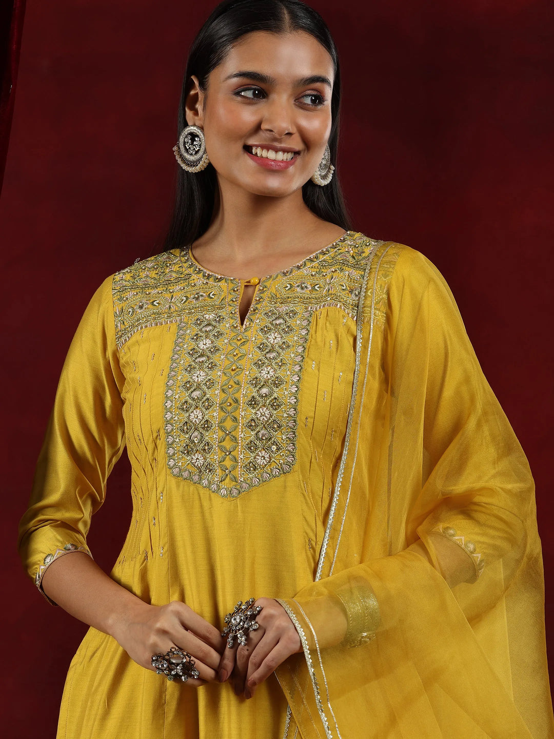  Libas Art Mustard Yoke Design Chanderi Silk Straight Suit With Dupatta 