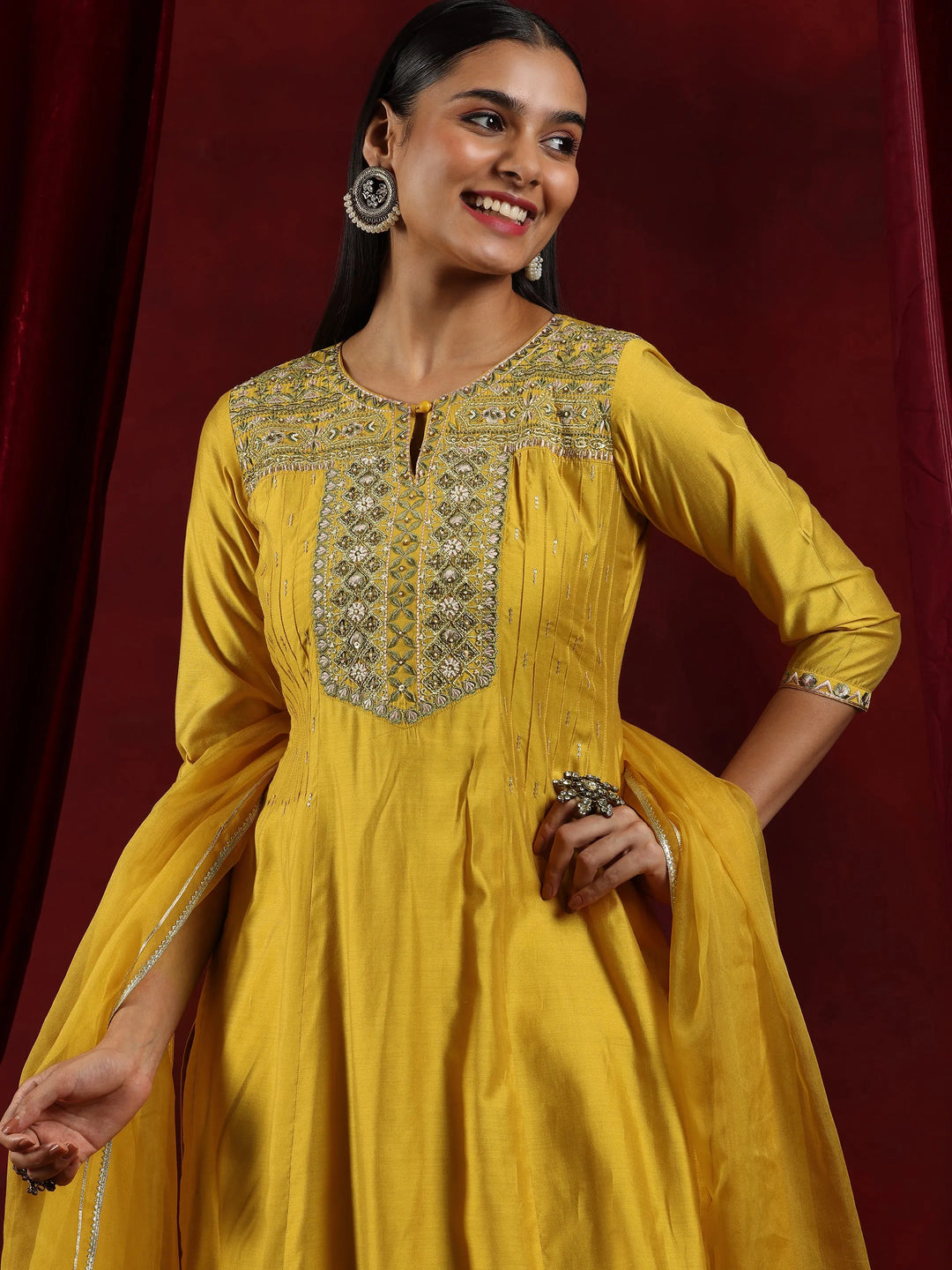  Libas Art Mustard Yoke Design Chanderi Silk Straight Suit With Dupatta 