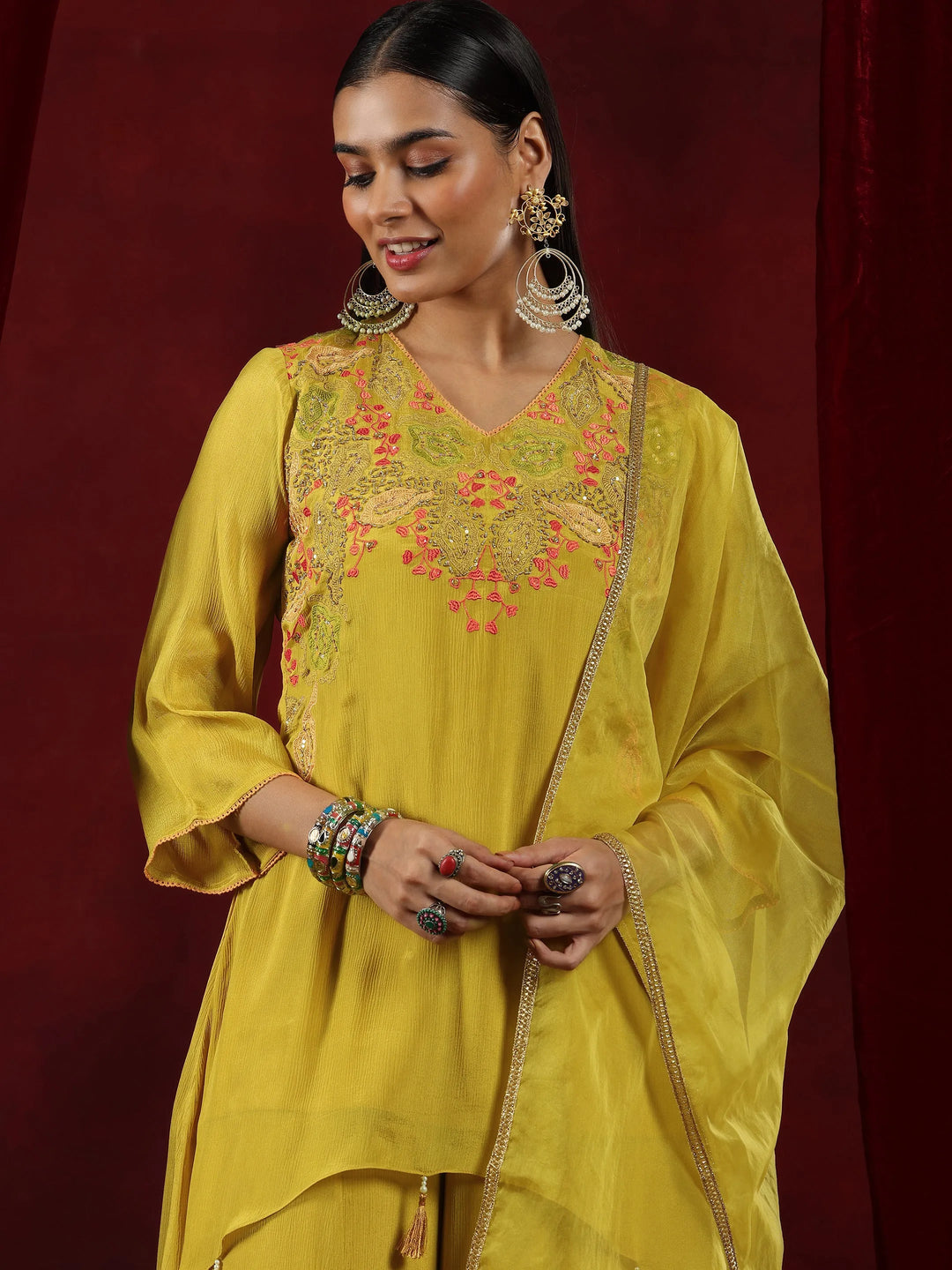  Libas Art Mustard Embroidered Chinon A-Line Kurta With Palazzos & Dupatta 