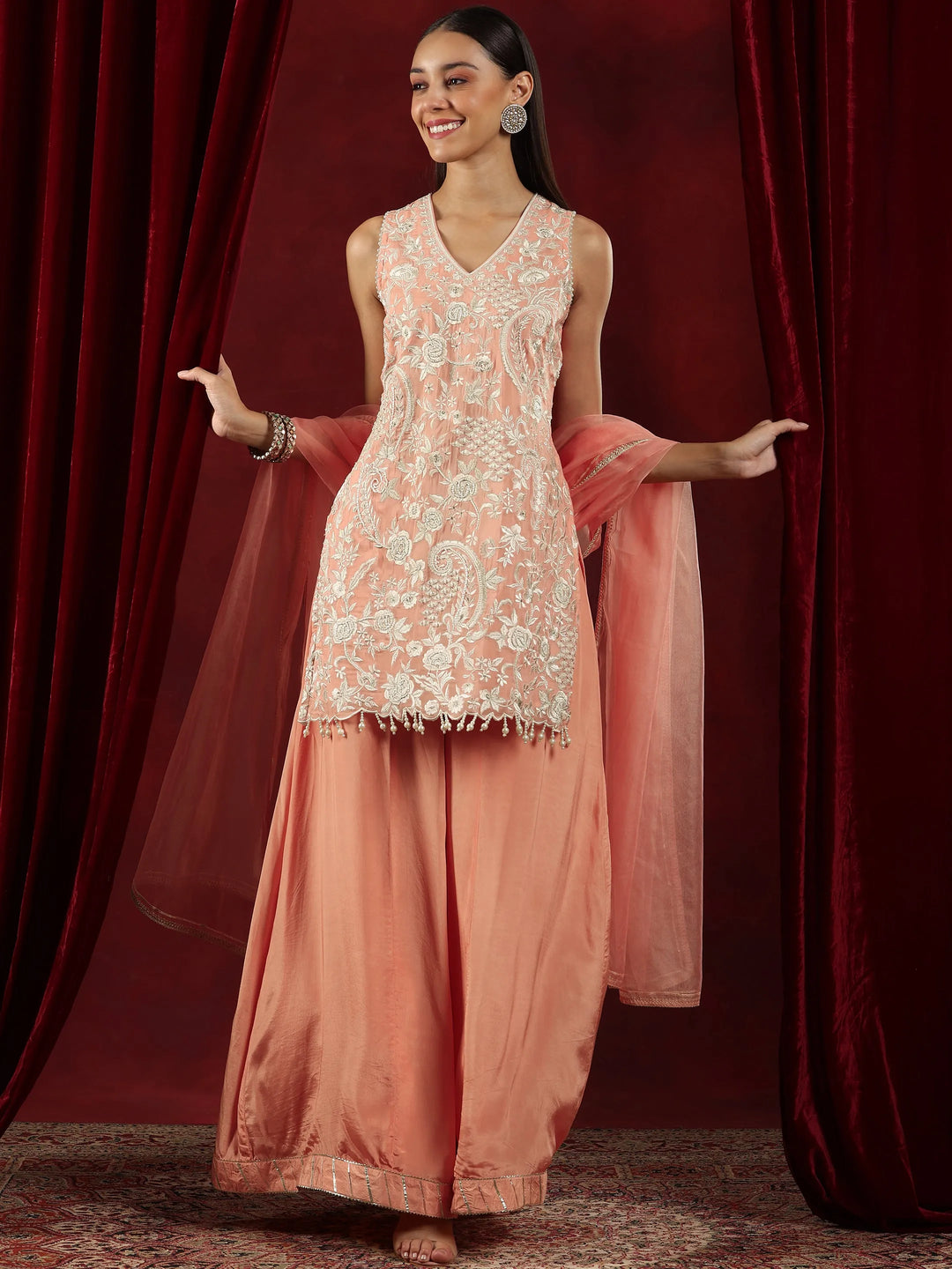 Libas Art Peach Embroidered Organza Straight Suit With Dupatta