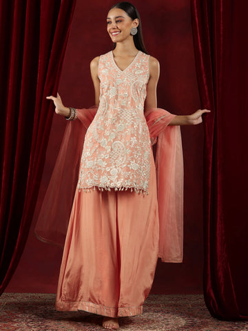 Libas Art Peach Embroidered Organza Straight Suit With Dupatta