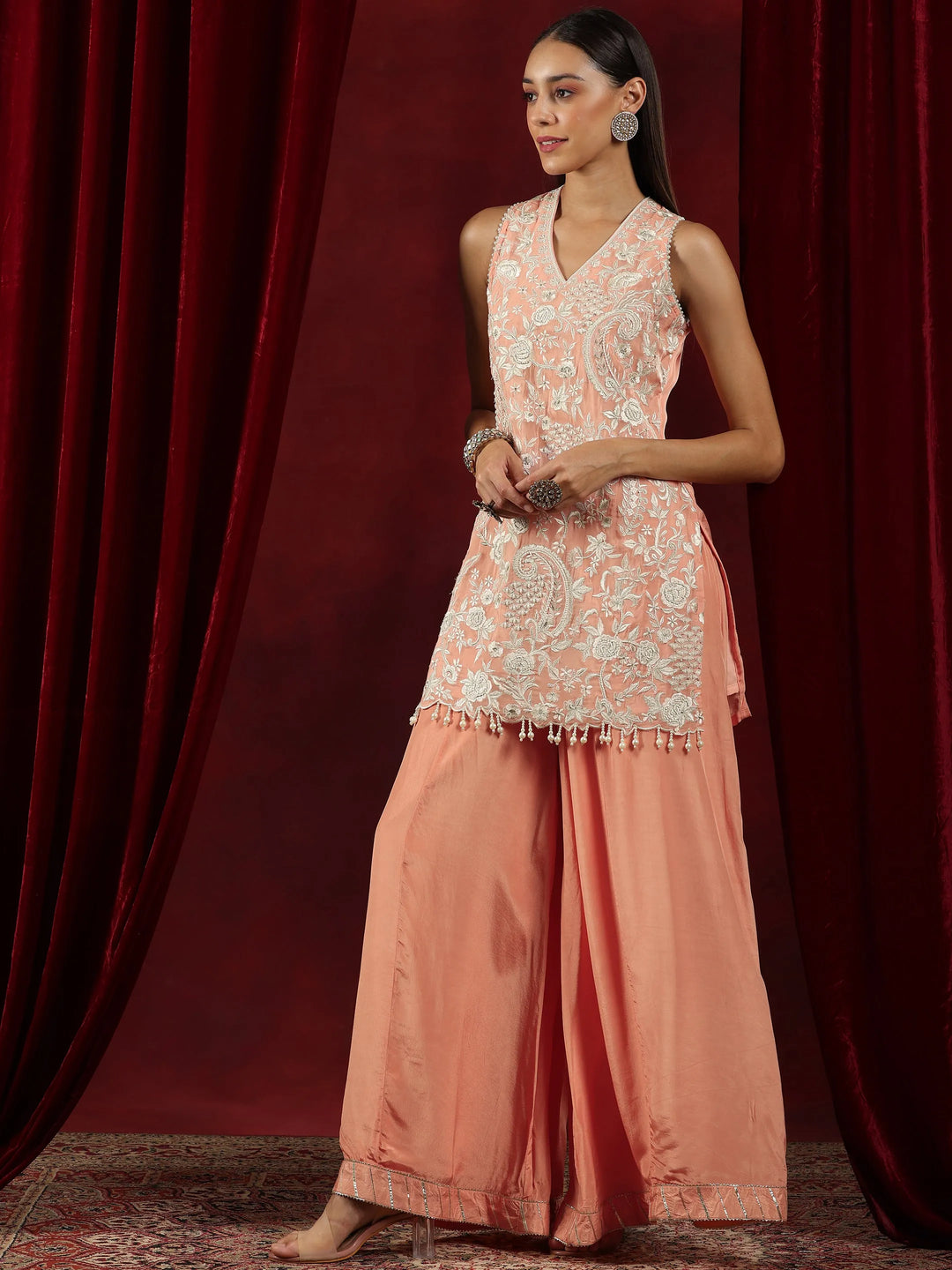  Libas Art Peach Embroidered Organza Straight Suit With Dupatta 