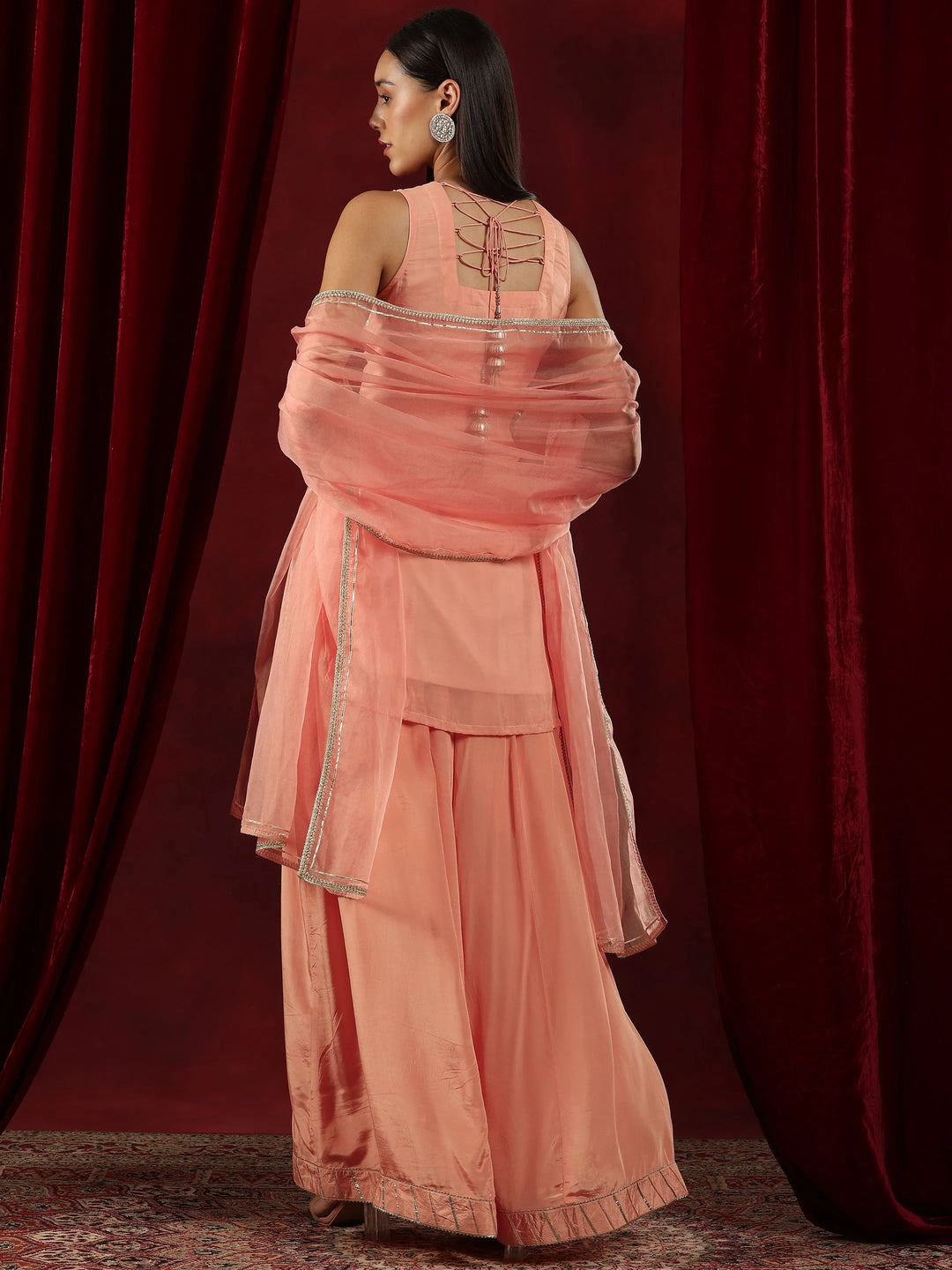  Libas Art Peach Embroidered Organza Straight Suit With Dupatta 