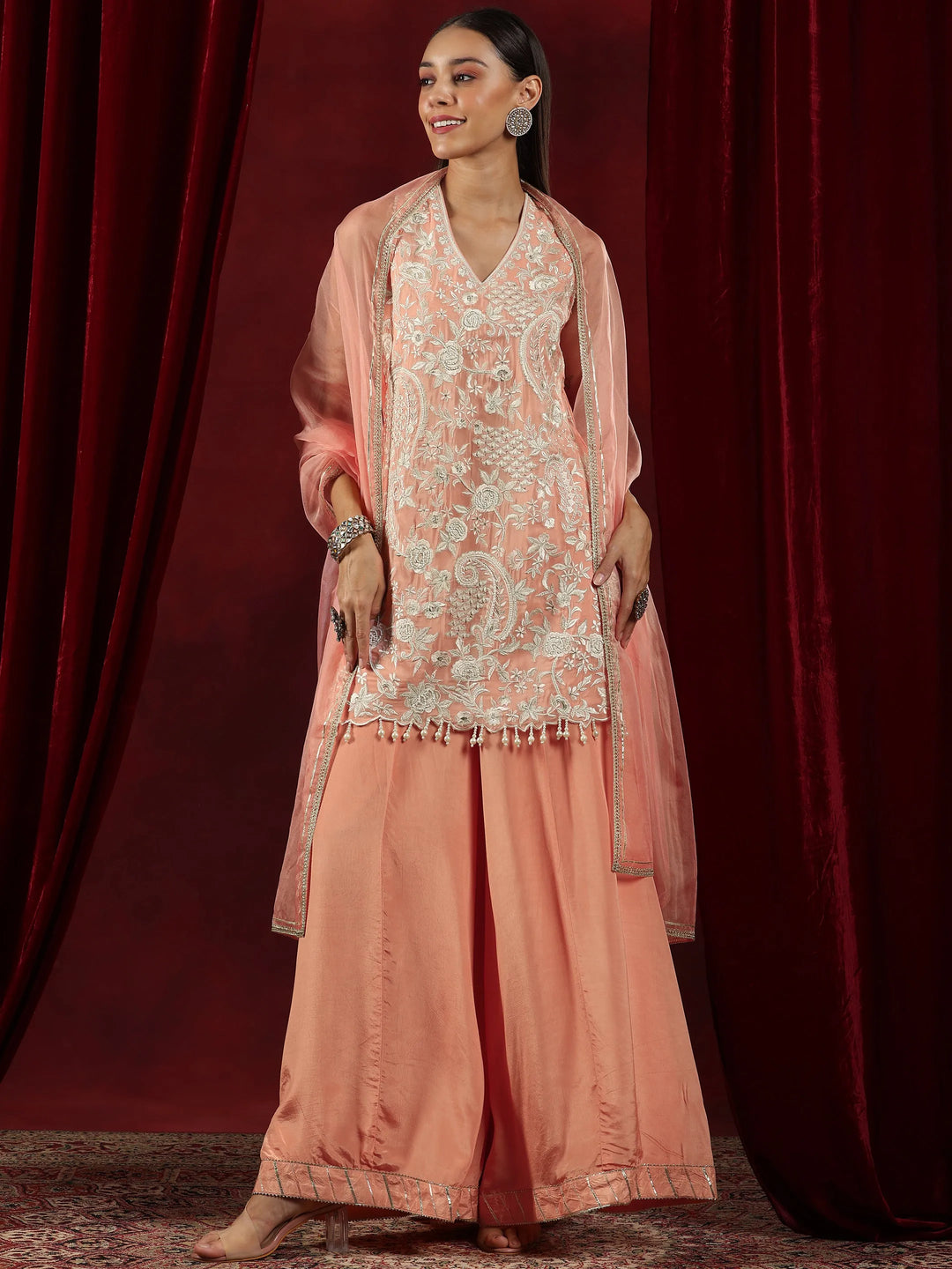  Libas Art Peach Embroidered Organza Straight Suit With Dupatta 