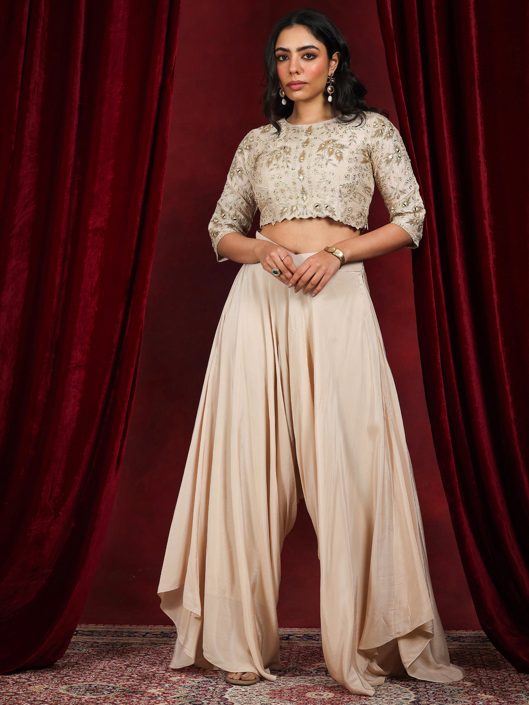 Libas Art Beige Embellished Silk Blend Co-Ords