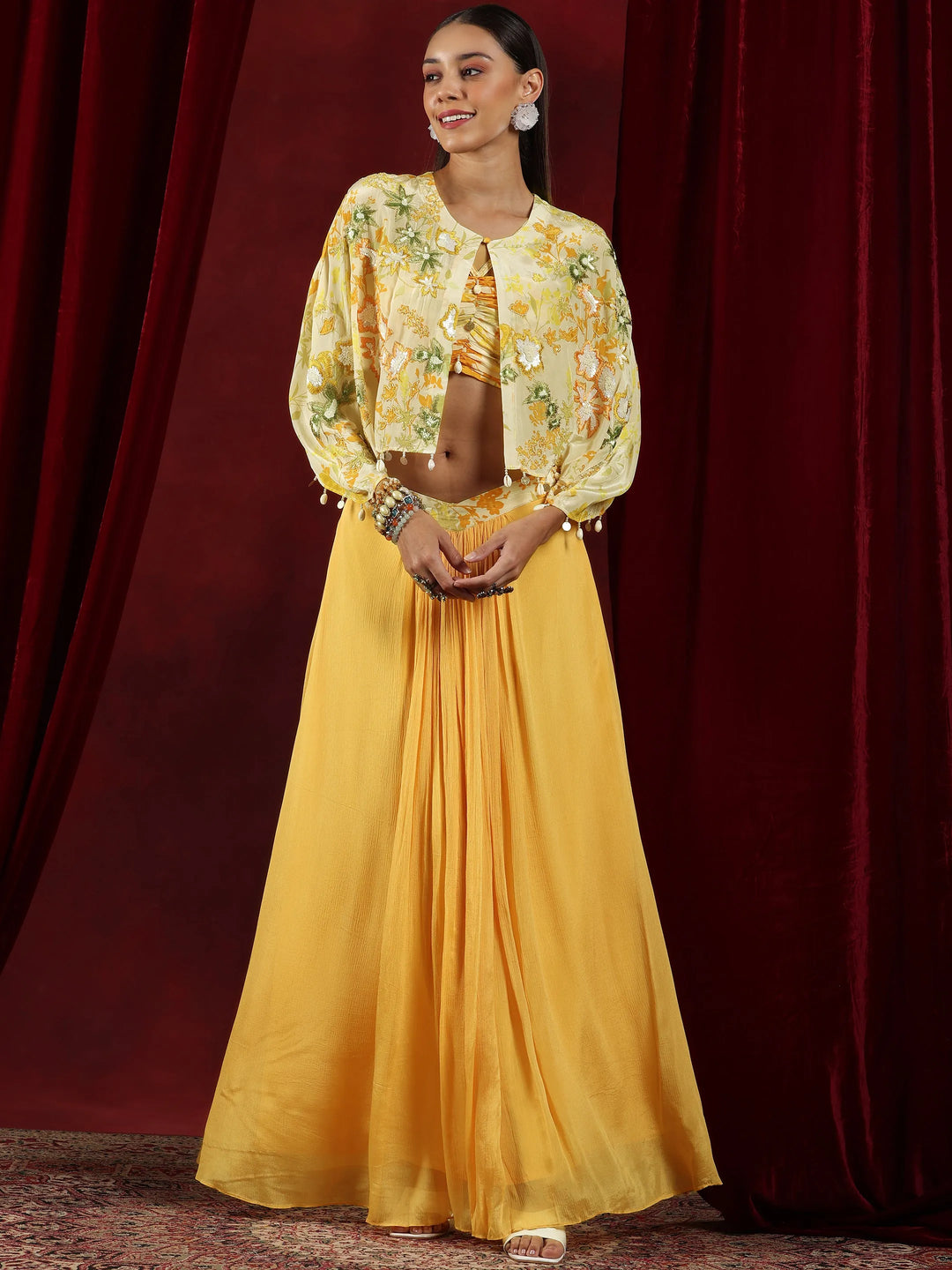  Libas Art Yellow Printed Silk Blend 3 Piece Co-Ords 
