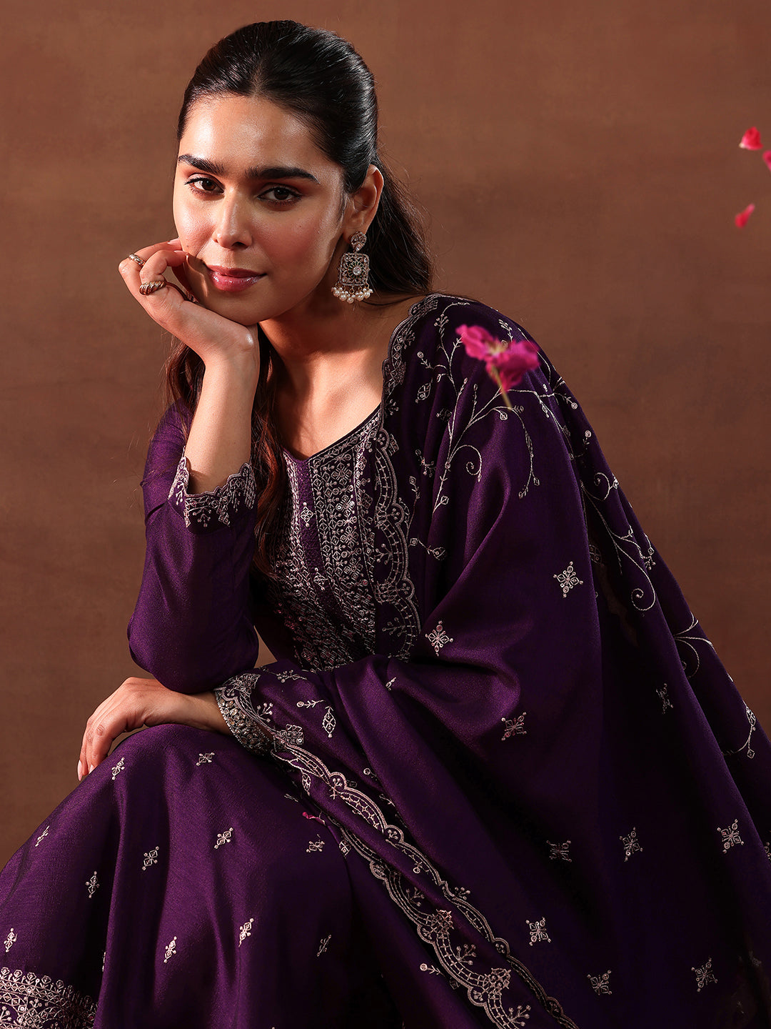 libas Wine Embroidered Silk Blend Straight Suit With Dupatta-picture-63