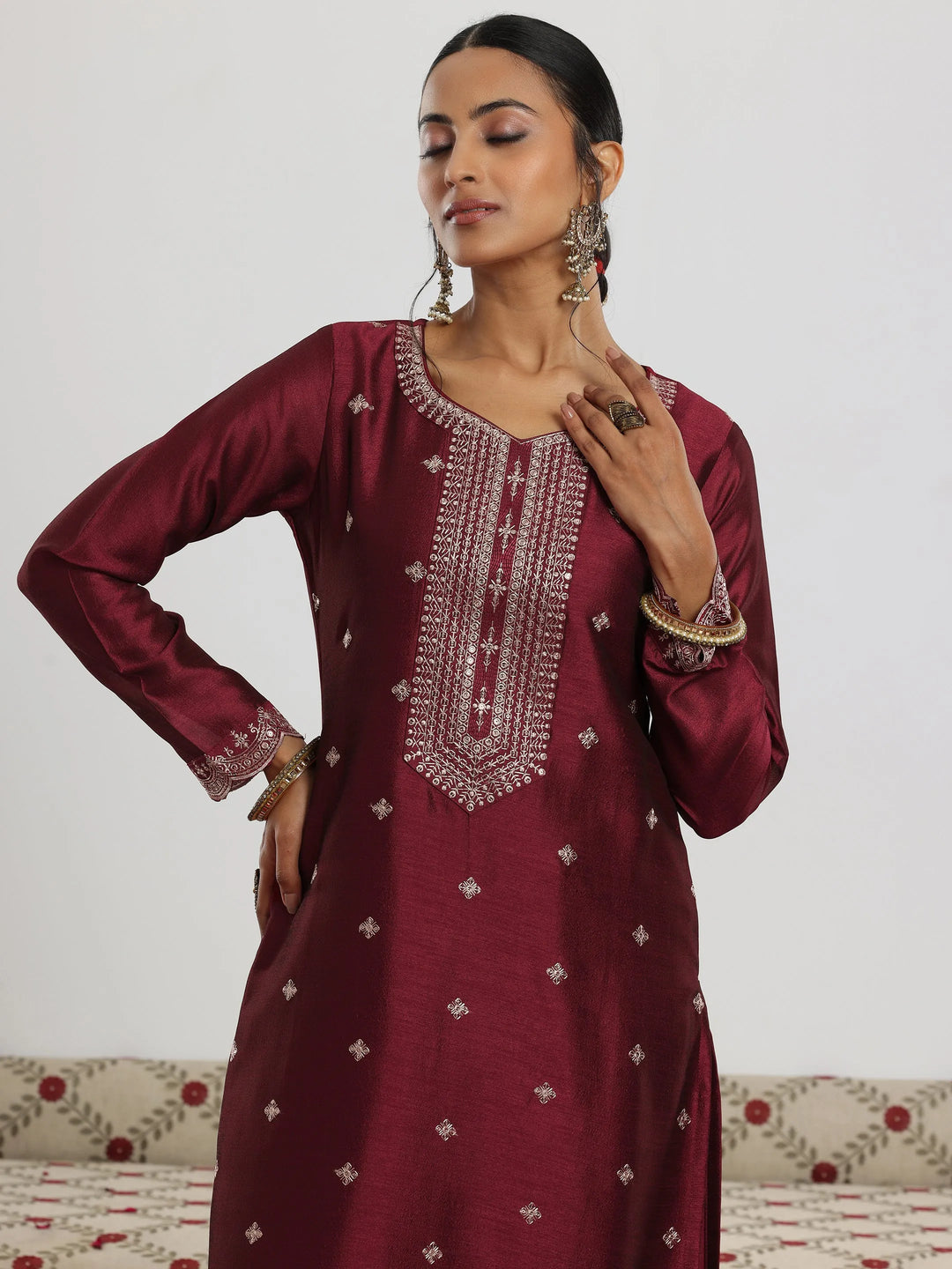  Maroon Embroidered Silk Blend Straight Suit With Dupatta 