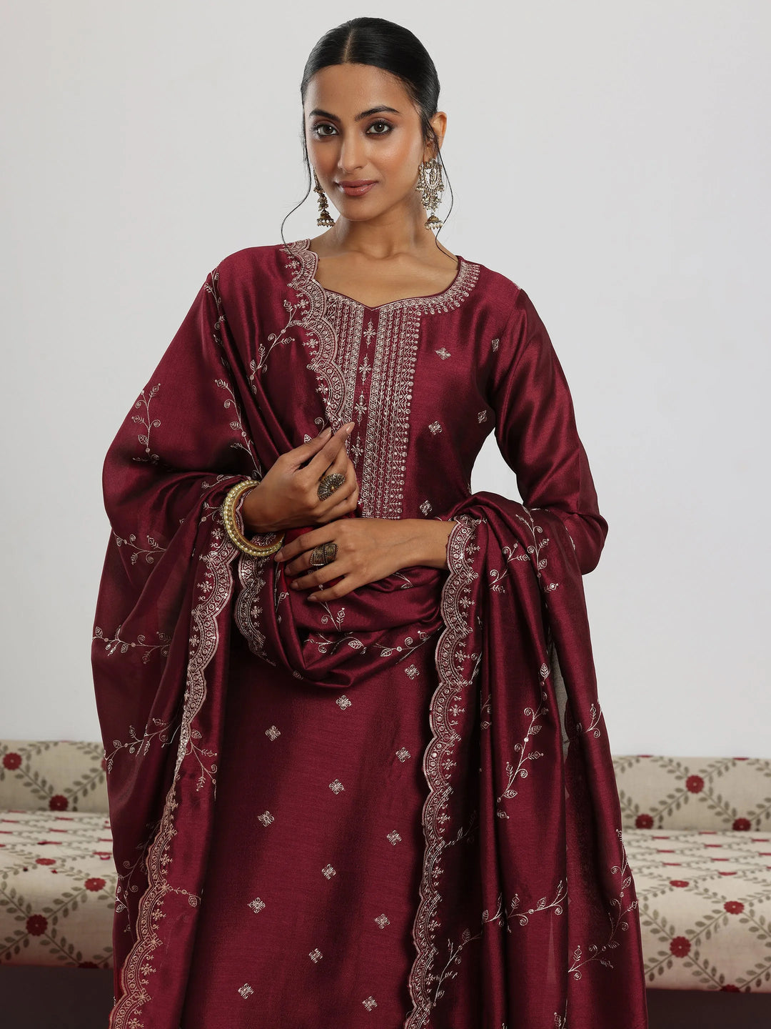  Maroon Embroidered Silk Blend Straight Suit With Dupatta 