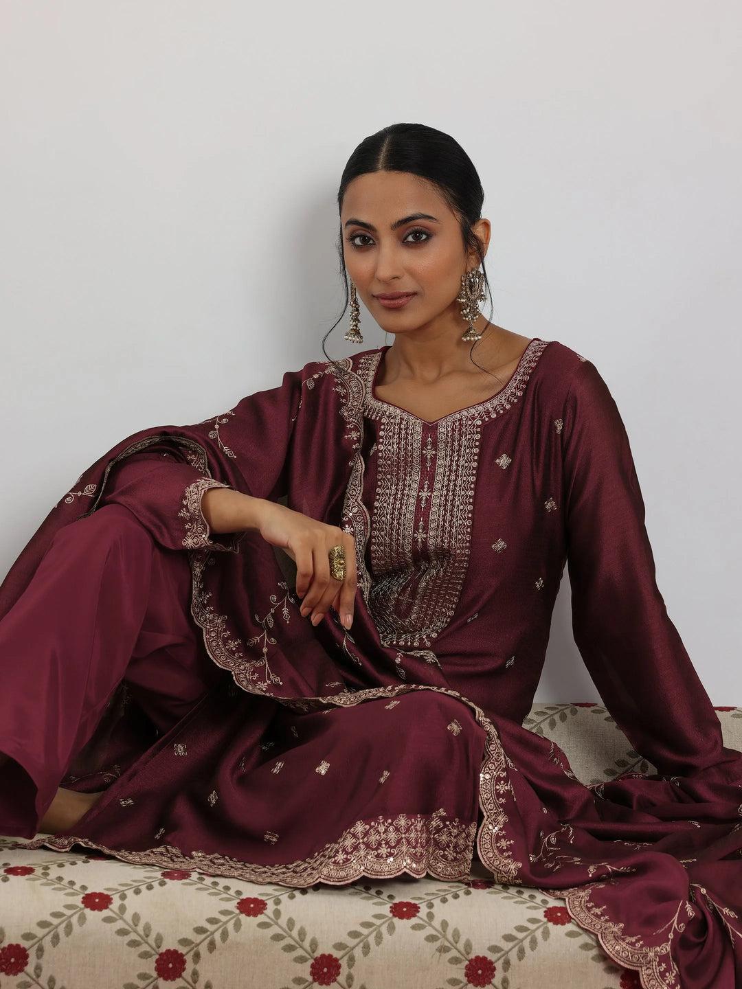 Maroon Embroidered Silk Blend Straight Suit With Dupatta 
