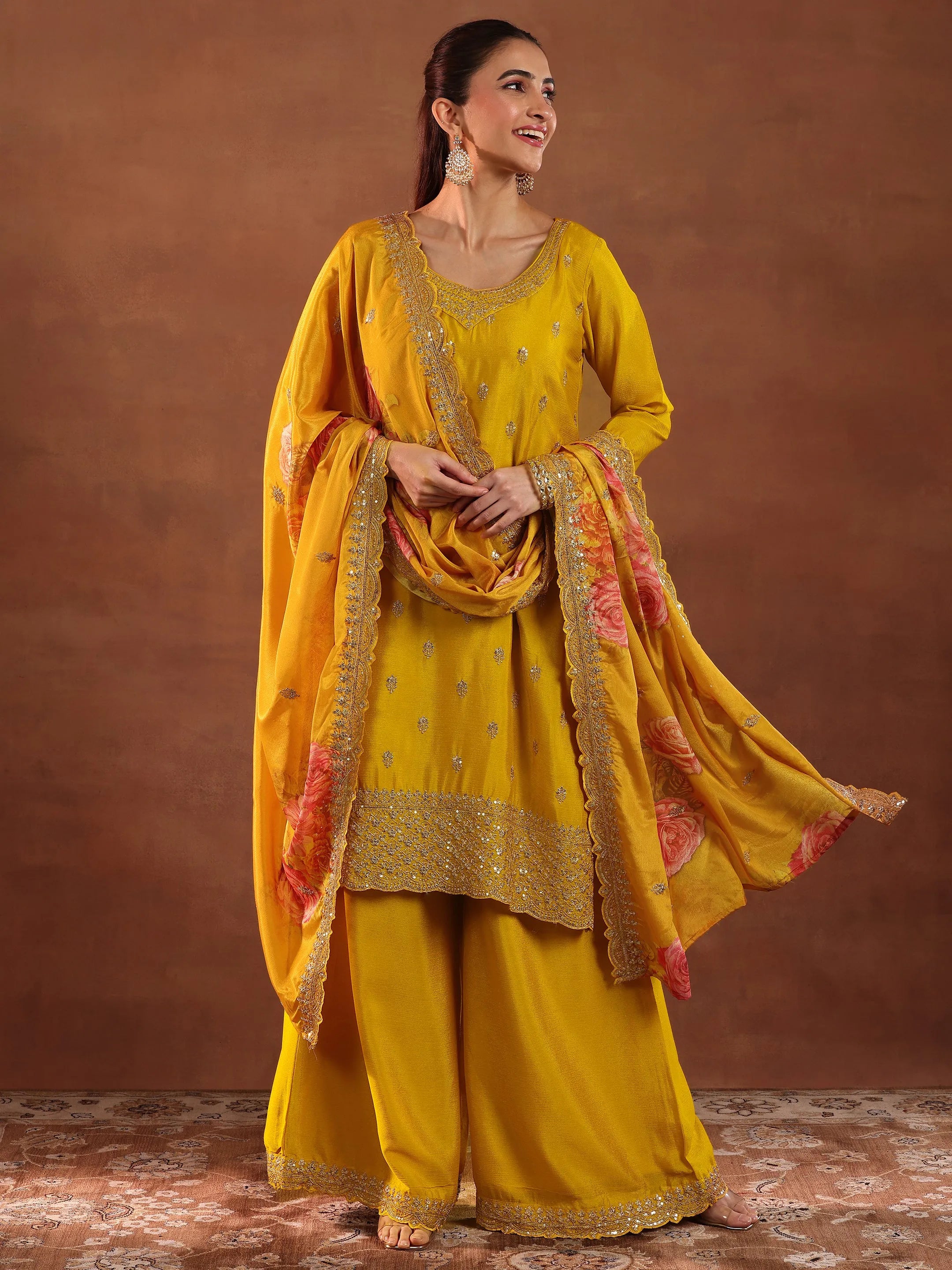 Mustard Embroidered Silk Blend Straight Suit With Dupatta-image-19