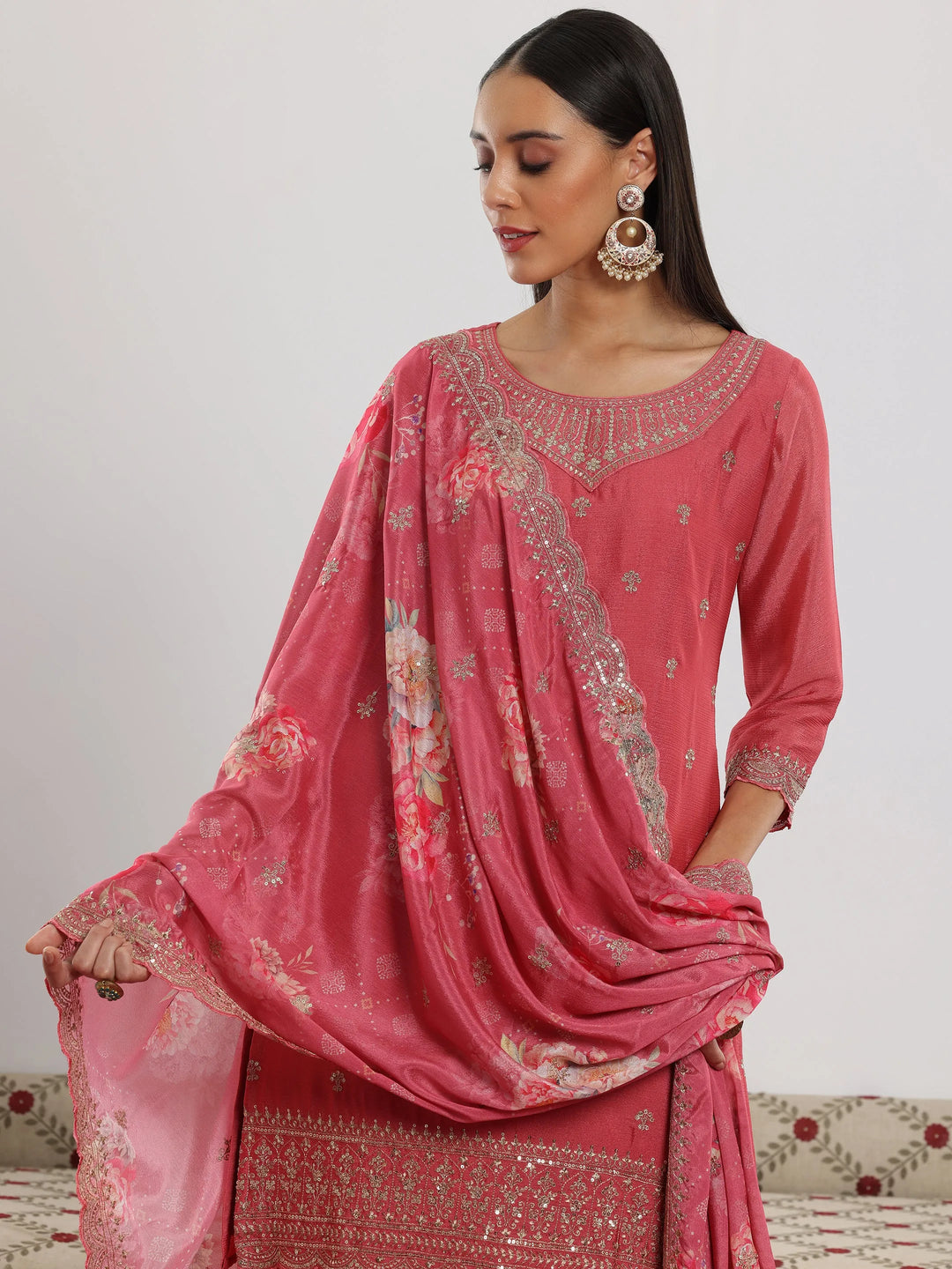  Pink Embroidered Silk Blend Straight Suit With Dupatta 
