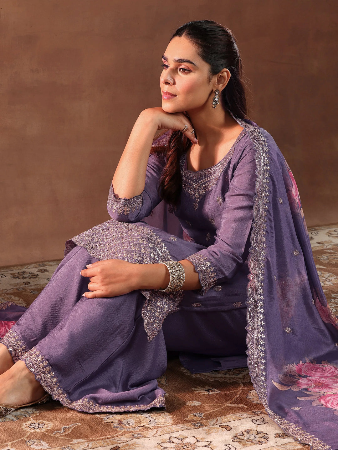  Purple Embroidered Silk Blend Straight Suit With Dupatta 