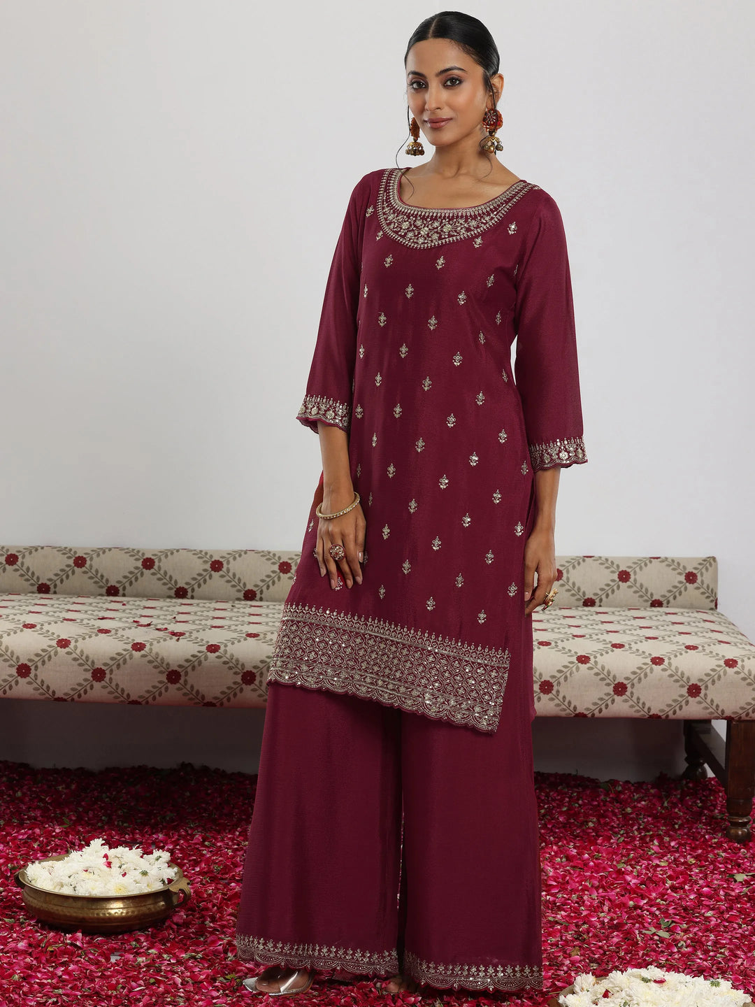  Maroon Embroidered Silk Blend Straight Suit With Dupatta 