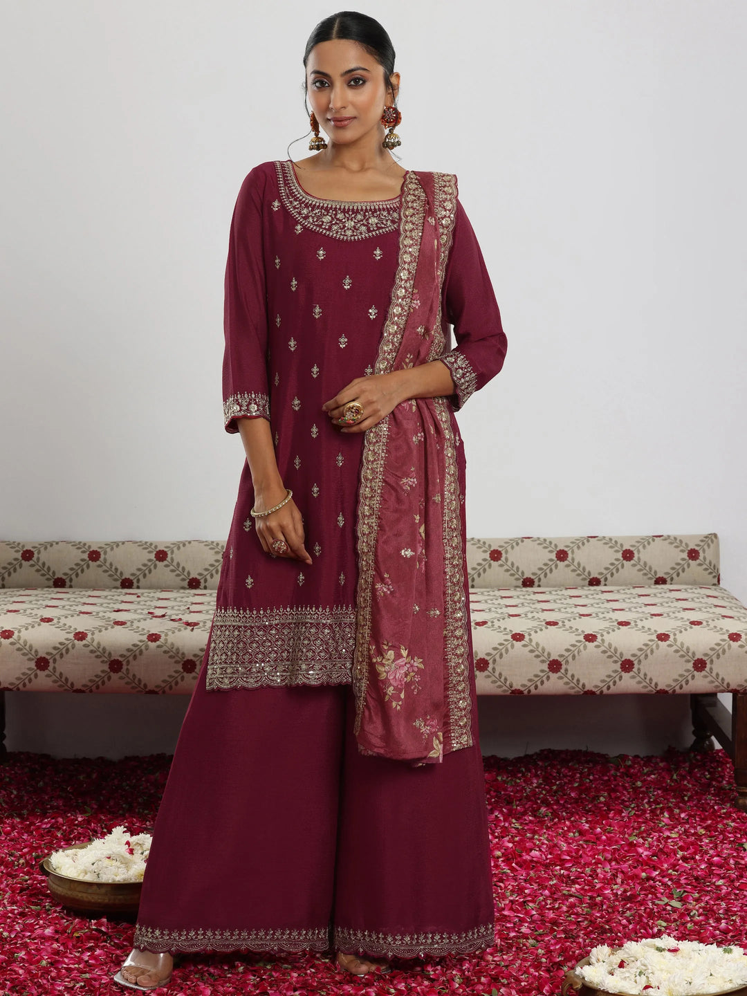  Maroon Embroidered Silk Blend Straight Suit With Dupatta 