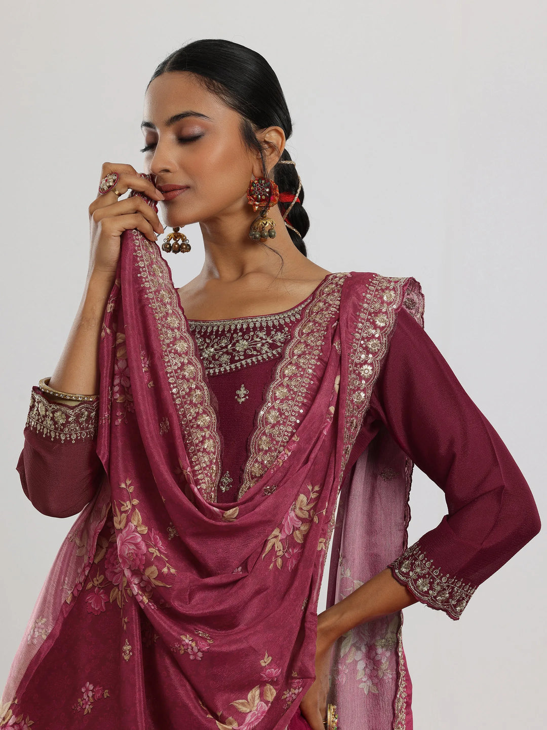 Maroon Embroidered Silk Blend Straight Suit With Dupatta 