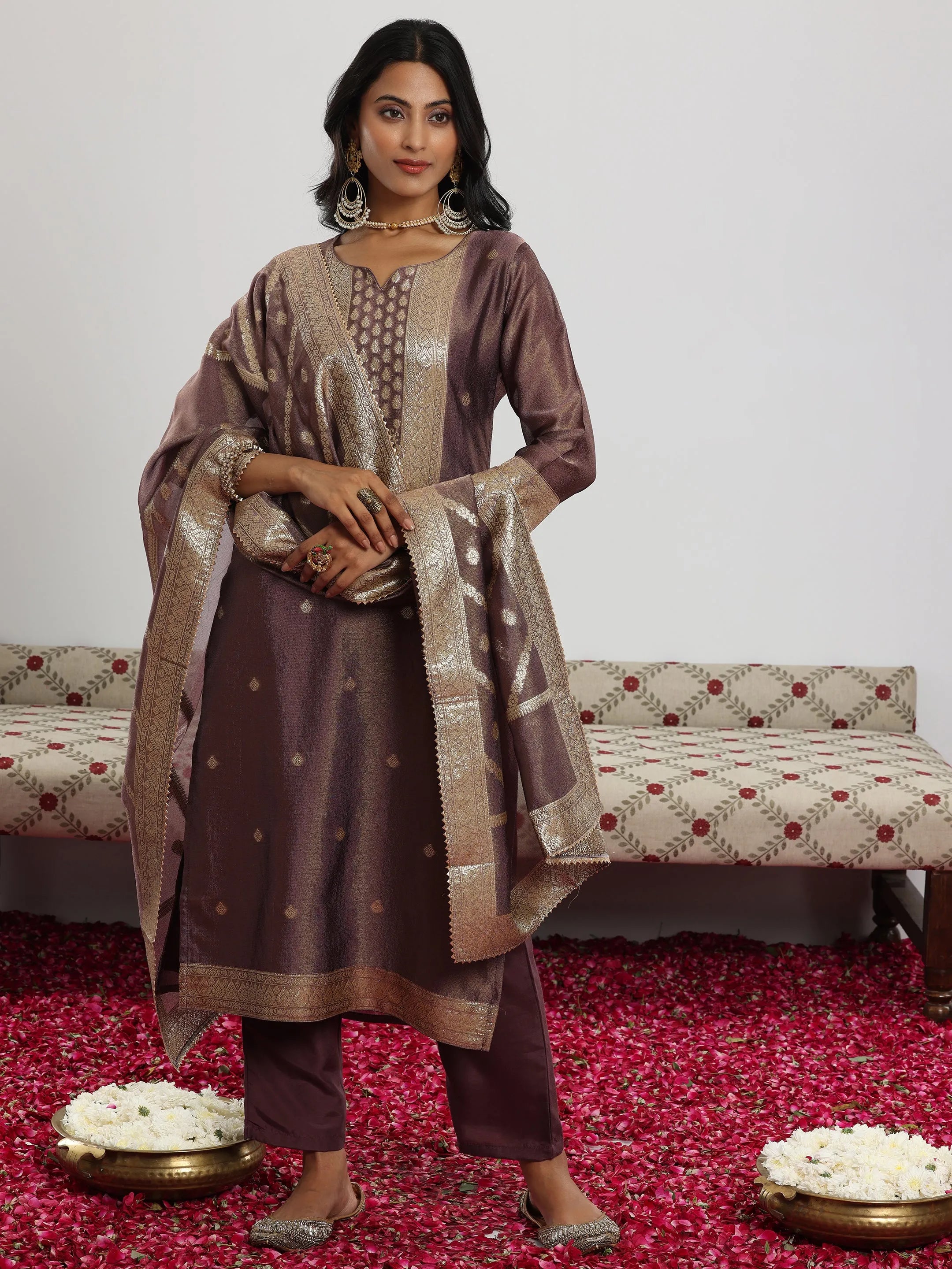 Mauve Woven Design Silk Blend Straight Suit With Dupatta-image-47