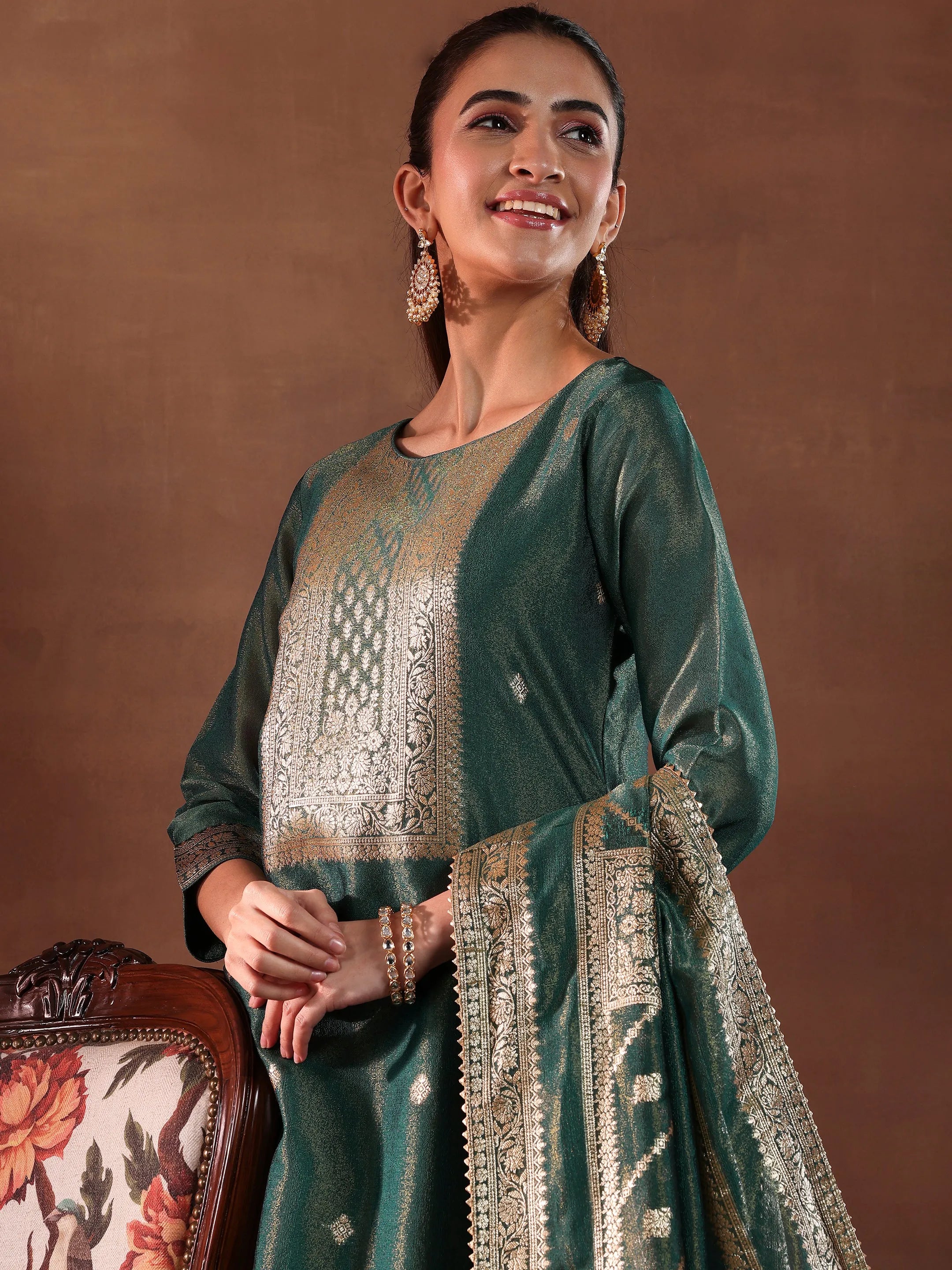 libas Green Woven Design Silk Blend Straight Suit With Dupatta-picture-36