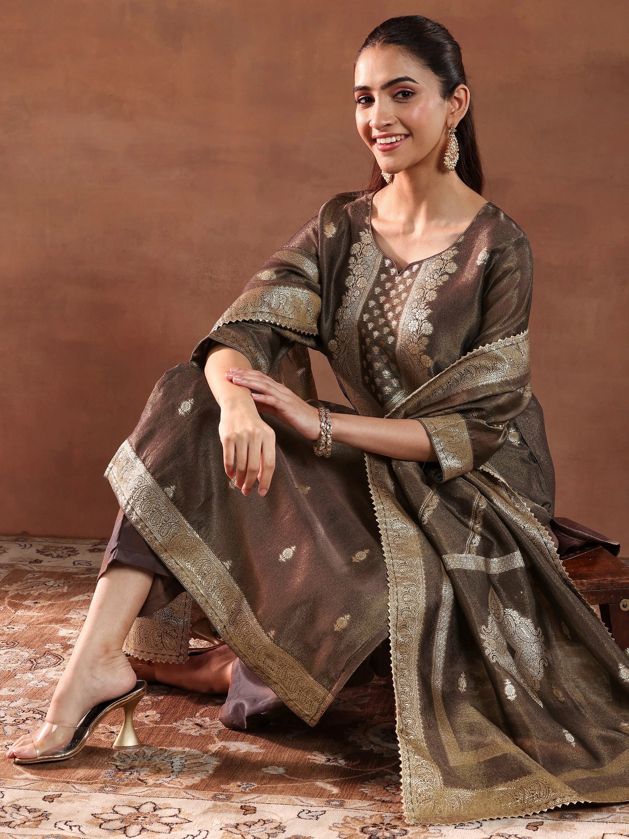 Brown Woven Design Silk Blend Straight Suit With Dupatta-image-9