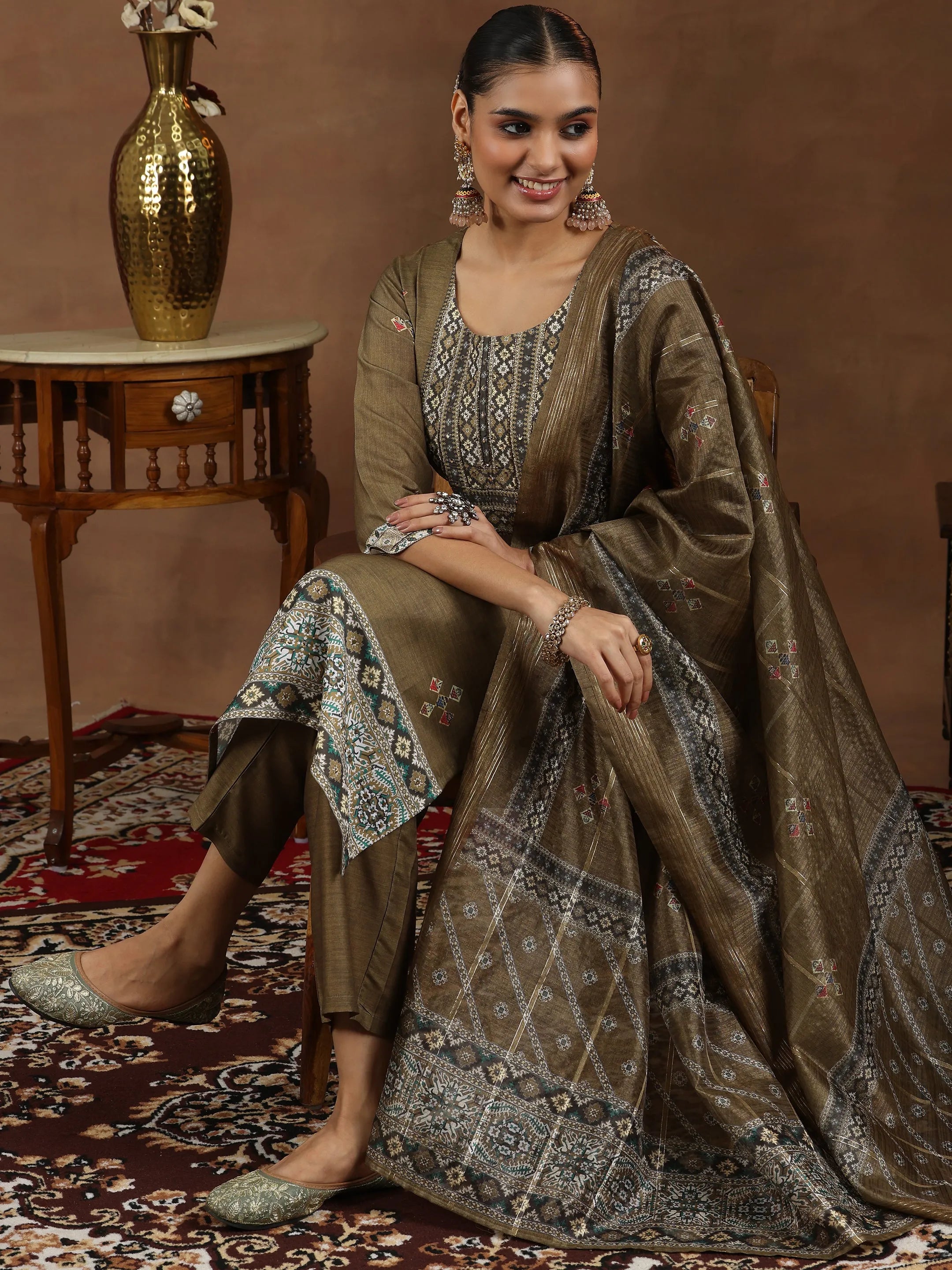 Brown Printed Silk Blend Straight Suit With Dupatta-image-38