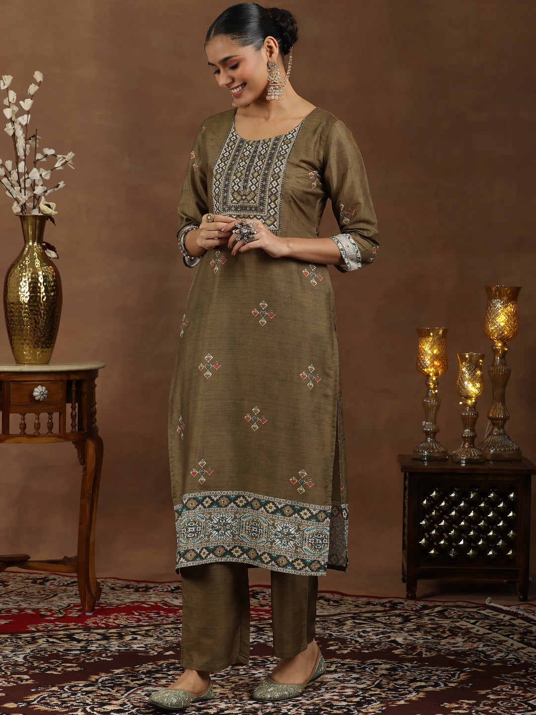  Brown Printed Silk Blend Straight Suit With Dupatta 